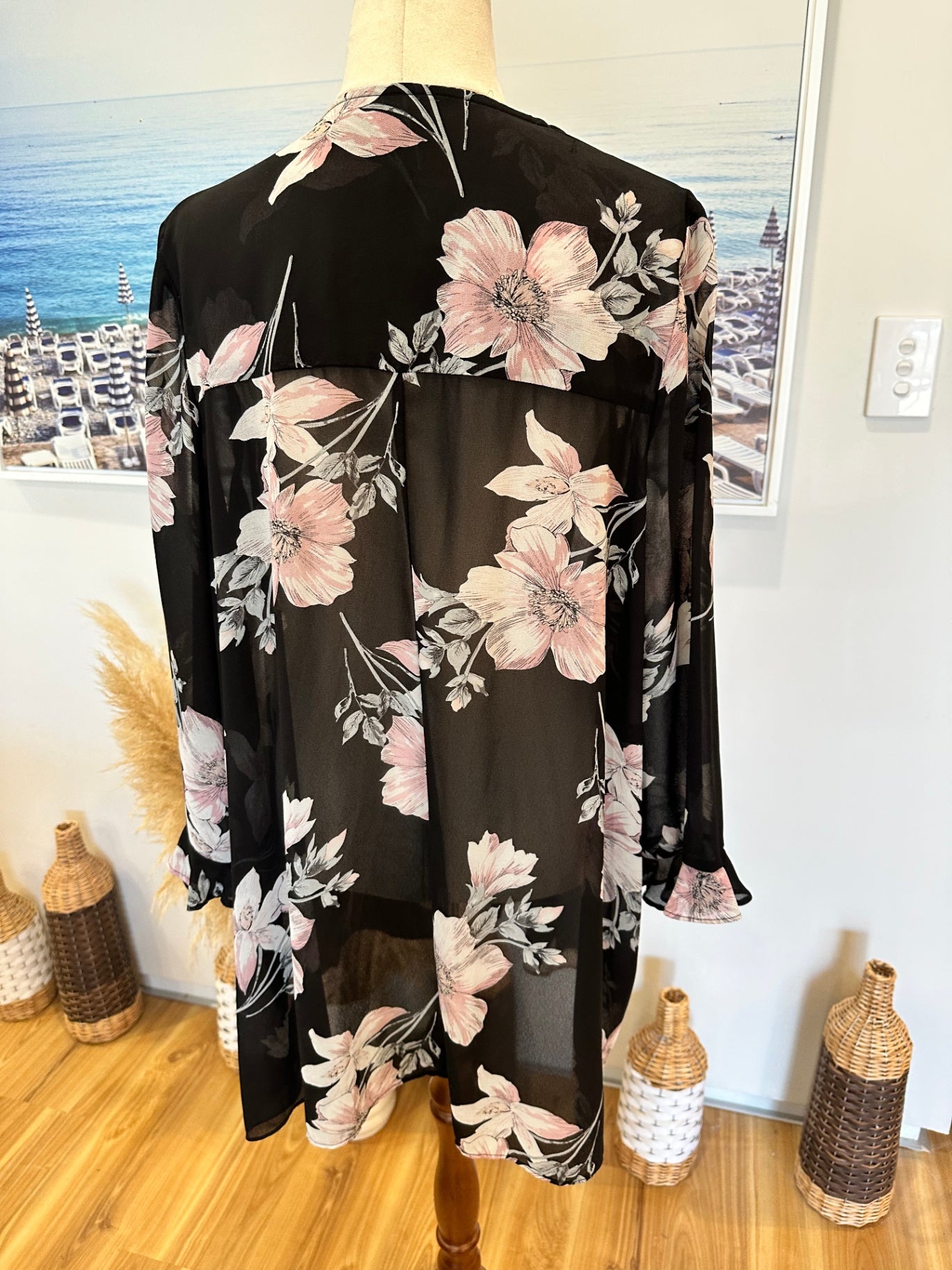 Taking Shape - Cardigan - Size 12 - Black with pink and white floral pattern - [New without tags]