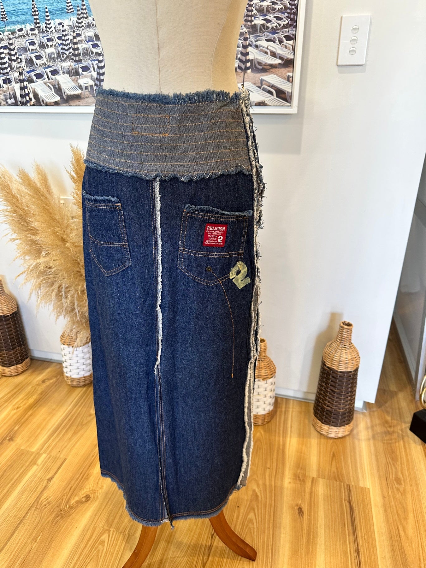 Religion - Y2K era Longline Denim Skirt - Small - Dark Blue