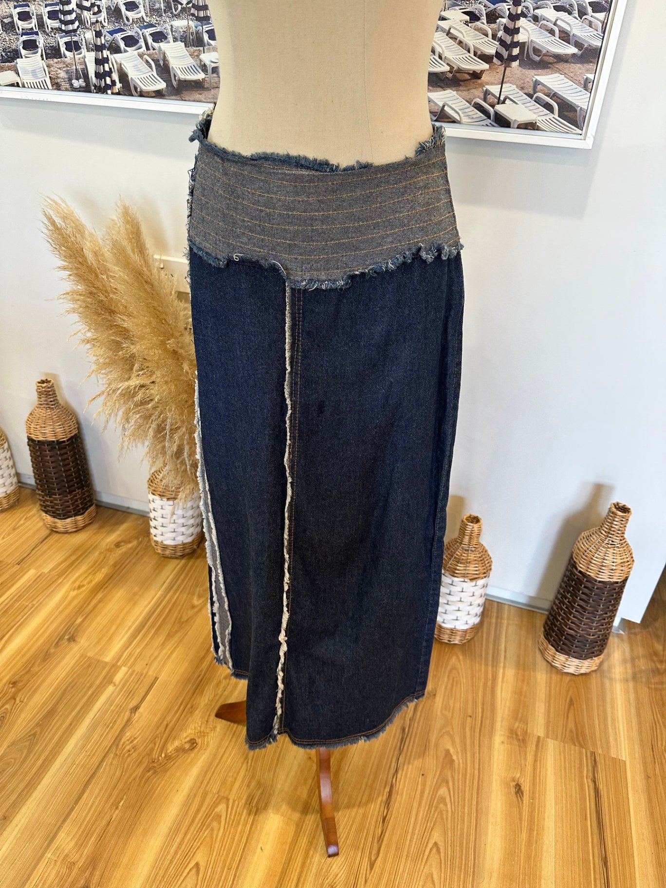 Religion - Y2K era Longline Denim Skirt - Small - Dark Blue