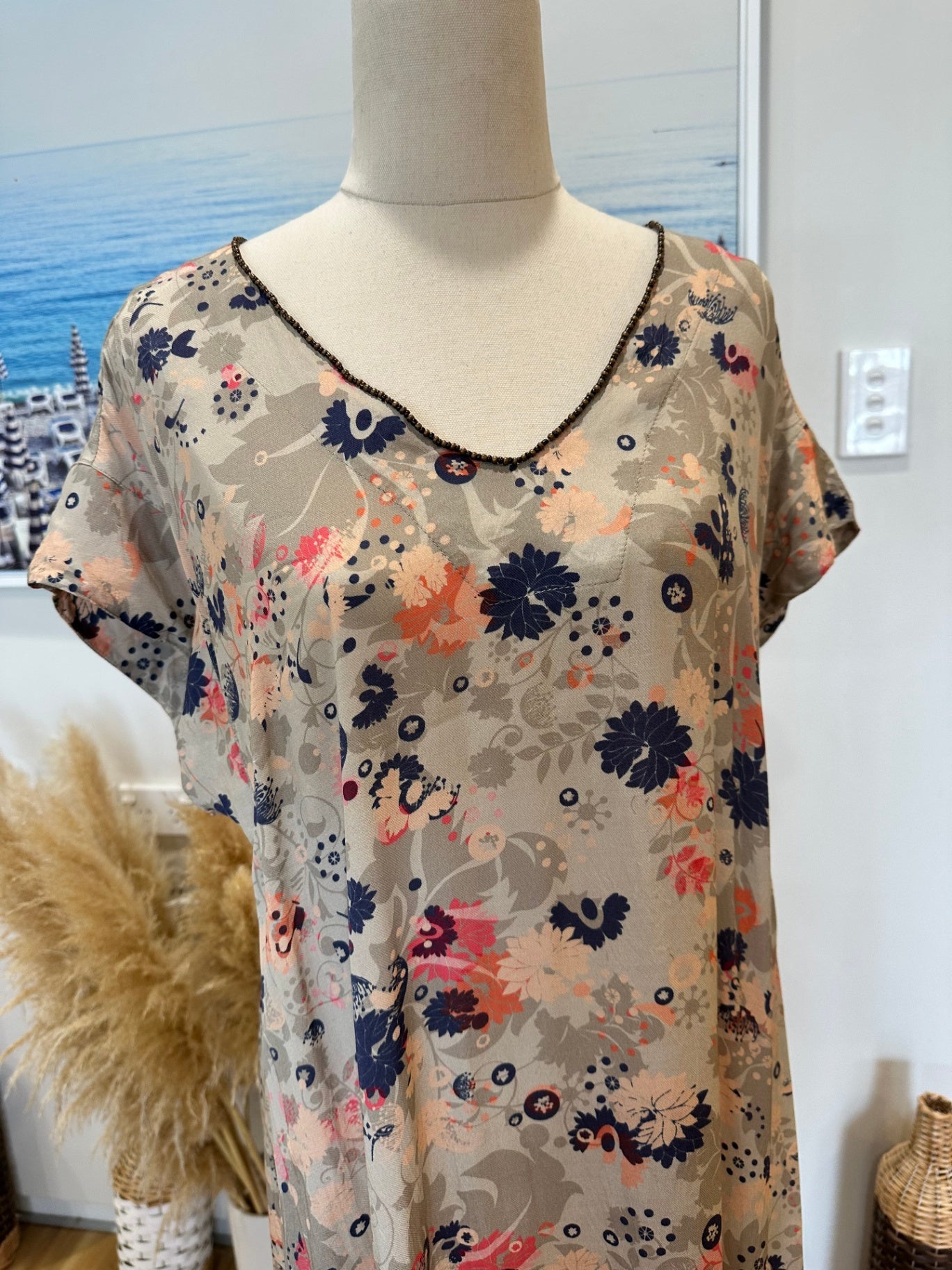 Fray the Label - Dress - Size 12 - Beige, navy blue, coral, pink, orange, gray)