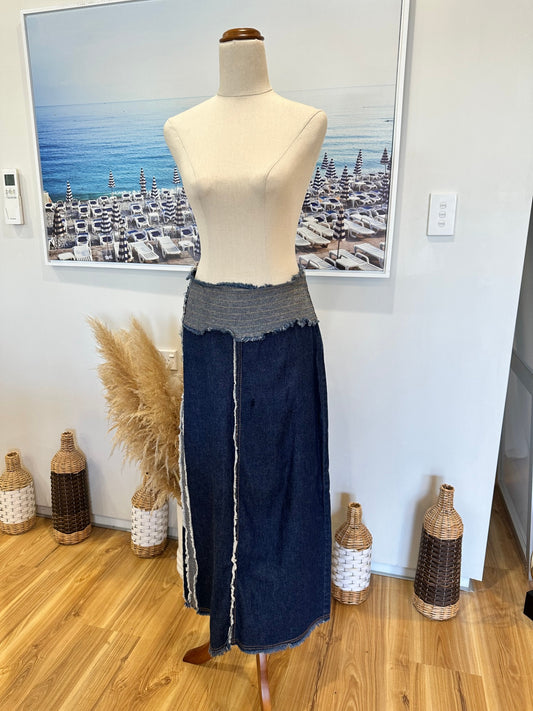 Religion - Y2K era Longline Denim Skirt - Small - Dark Blue