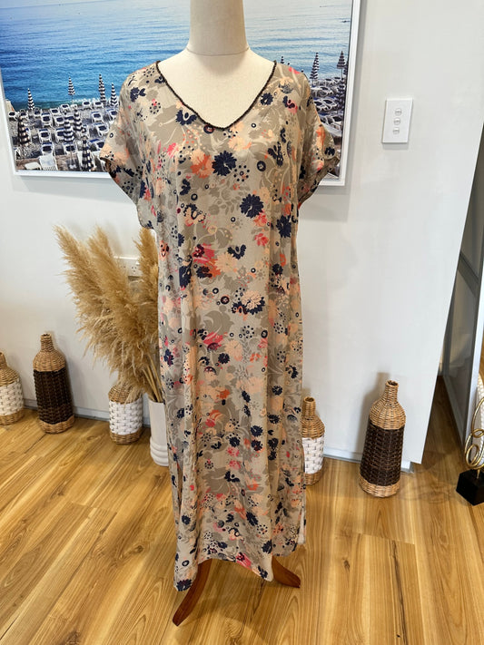 Fray the Label - Dress - Size 12 - Beige, navy blue, coral, pink, orange, gray)