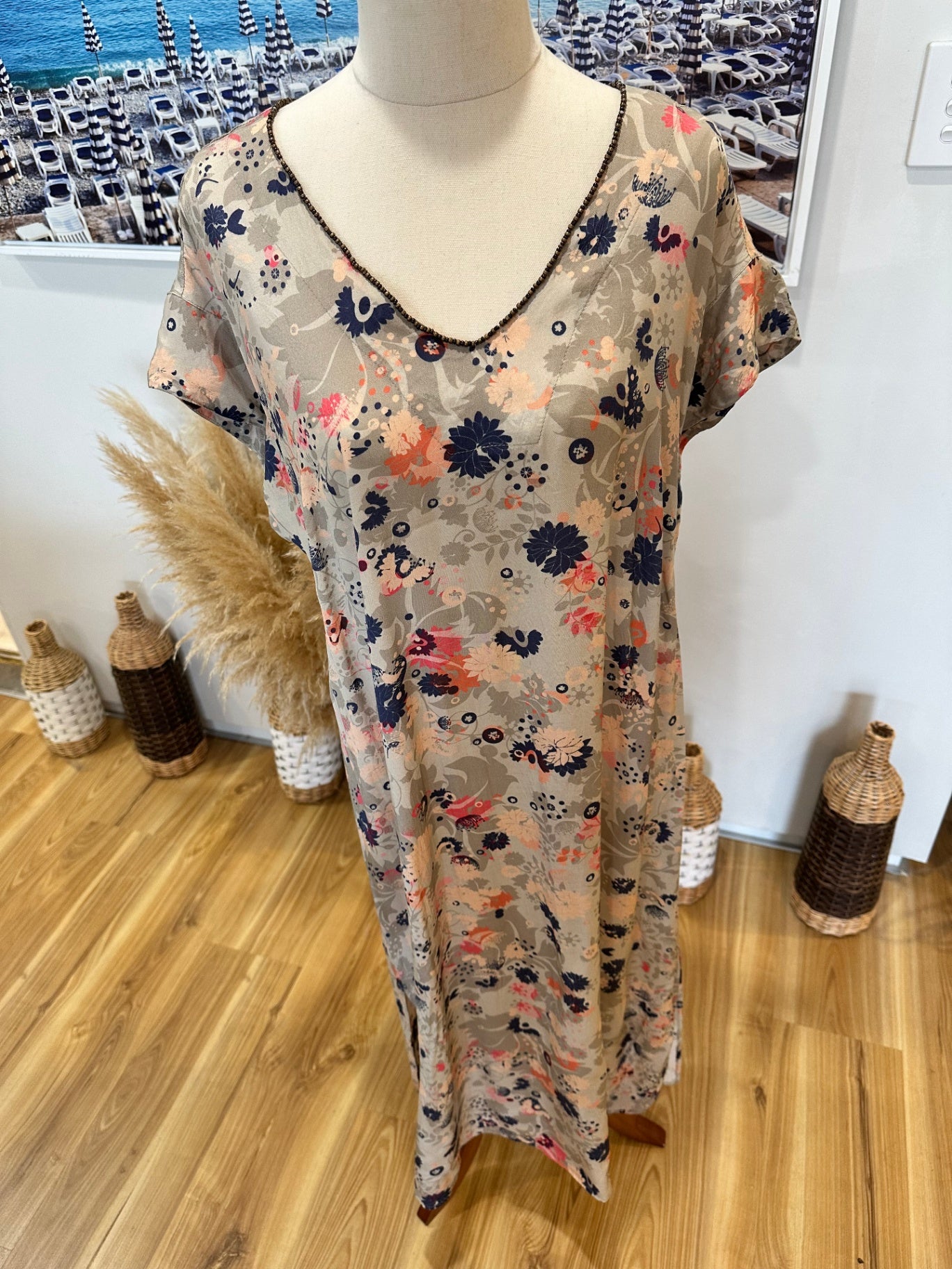 Fray the Label - Dress - Size 12 - Beige, navy blue, coral, pink, orange, gray)