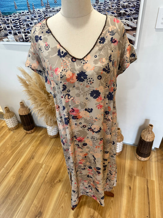 Fray the Label - Dress - Size 12 - Beige, navy blue, coral, pink, orange, gray)