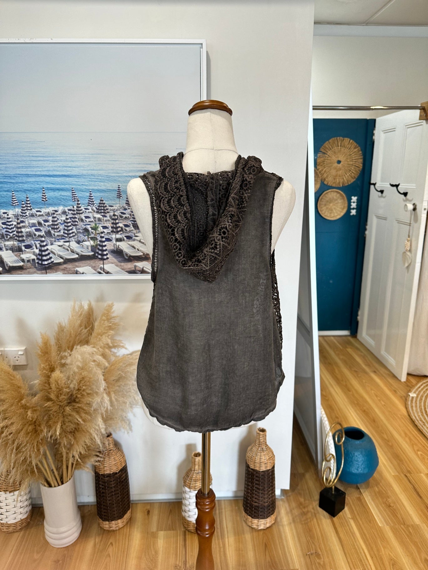 Grey Lace Hooded Vest - Size Small