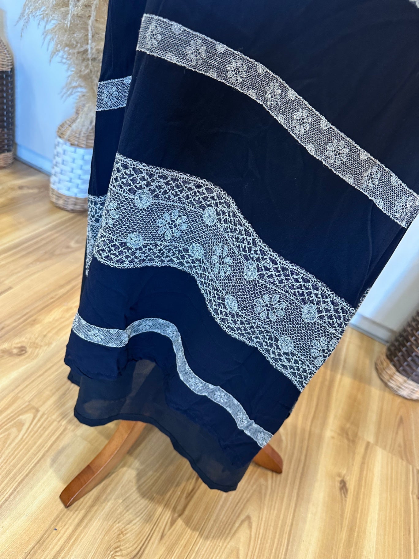 Ashley Fogel - Maxi Dress - Size 14 - Black and beige with floral lace accents