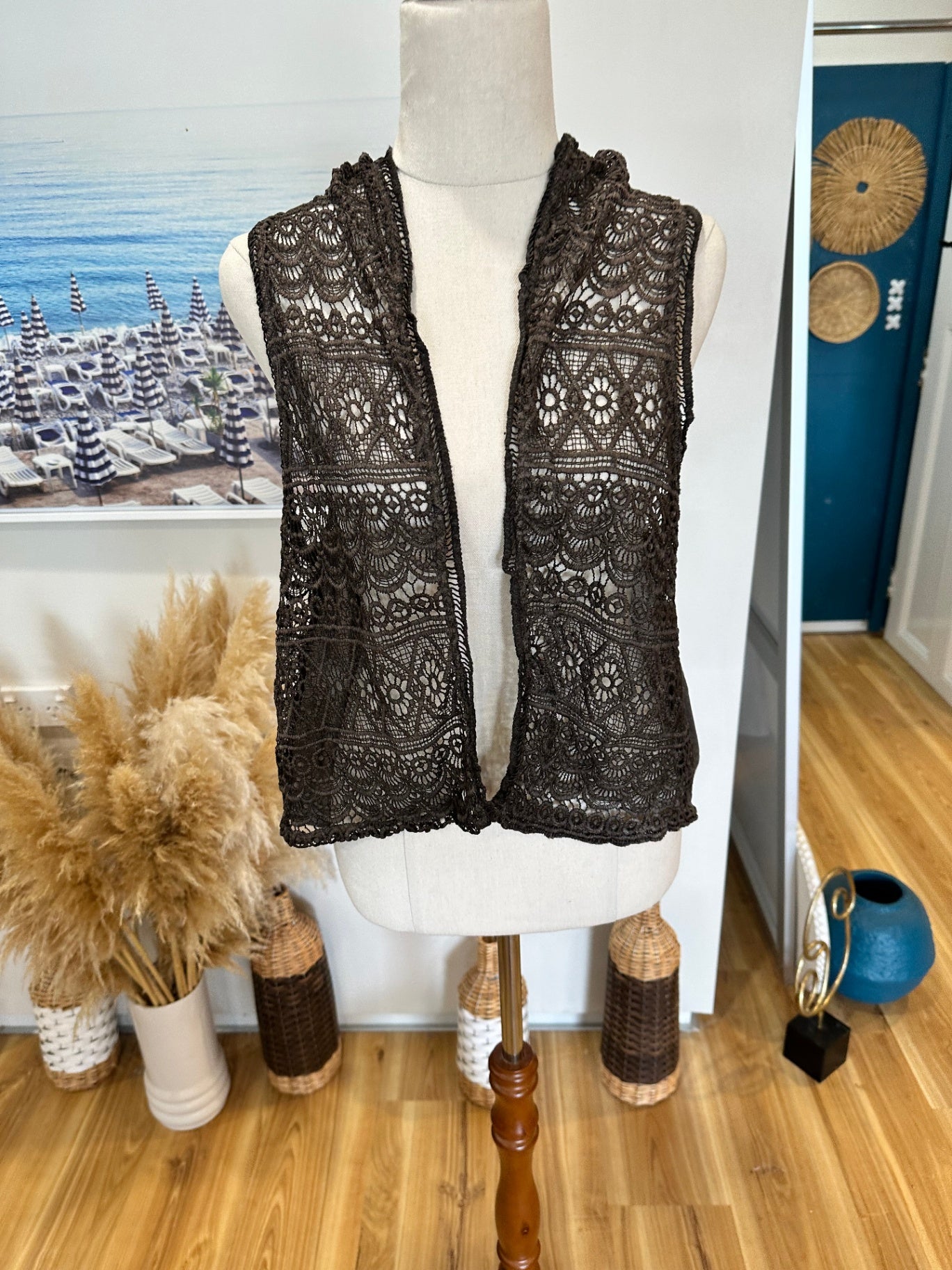 Grey Lace Hooded Vest - Size Small