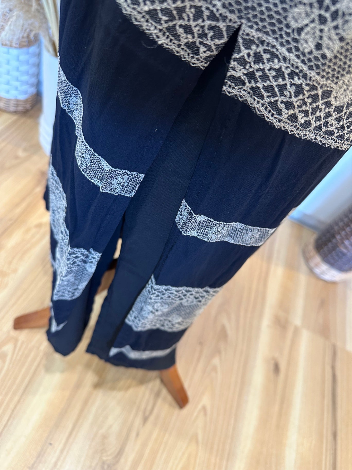 Ashley Fogel - Maxi Dress - Size 14 - Black and beige with floral lace accents