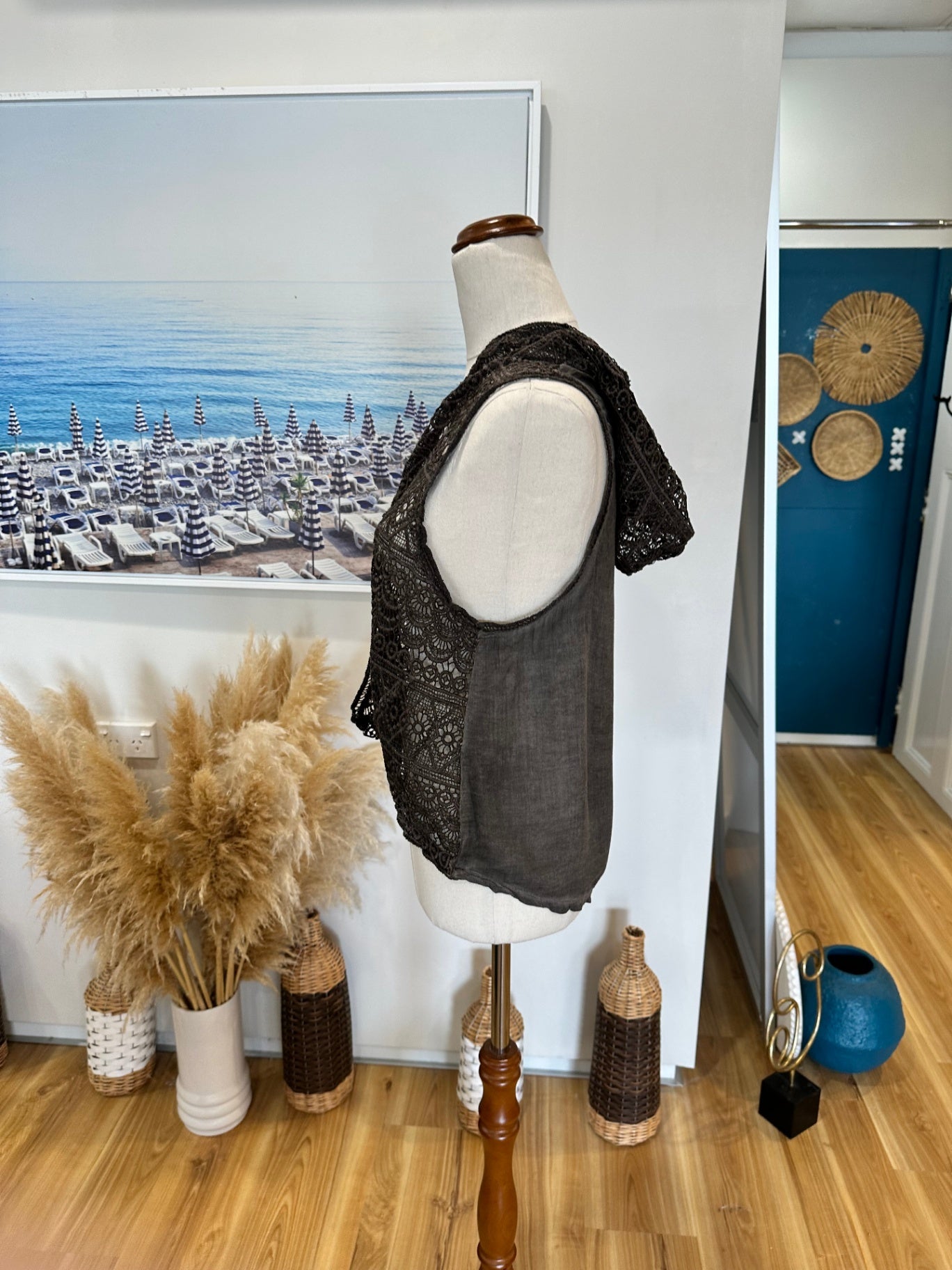 Grey Lace Hooded Vest - Size Small