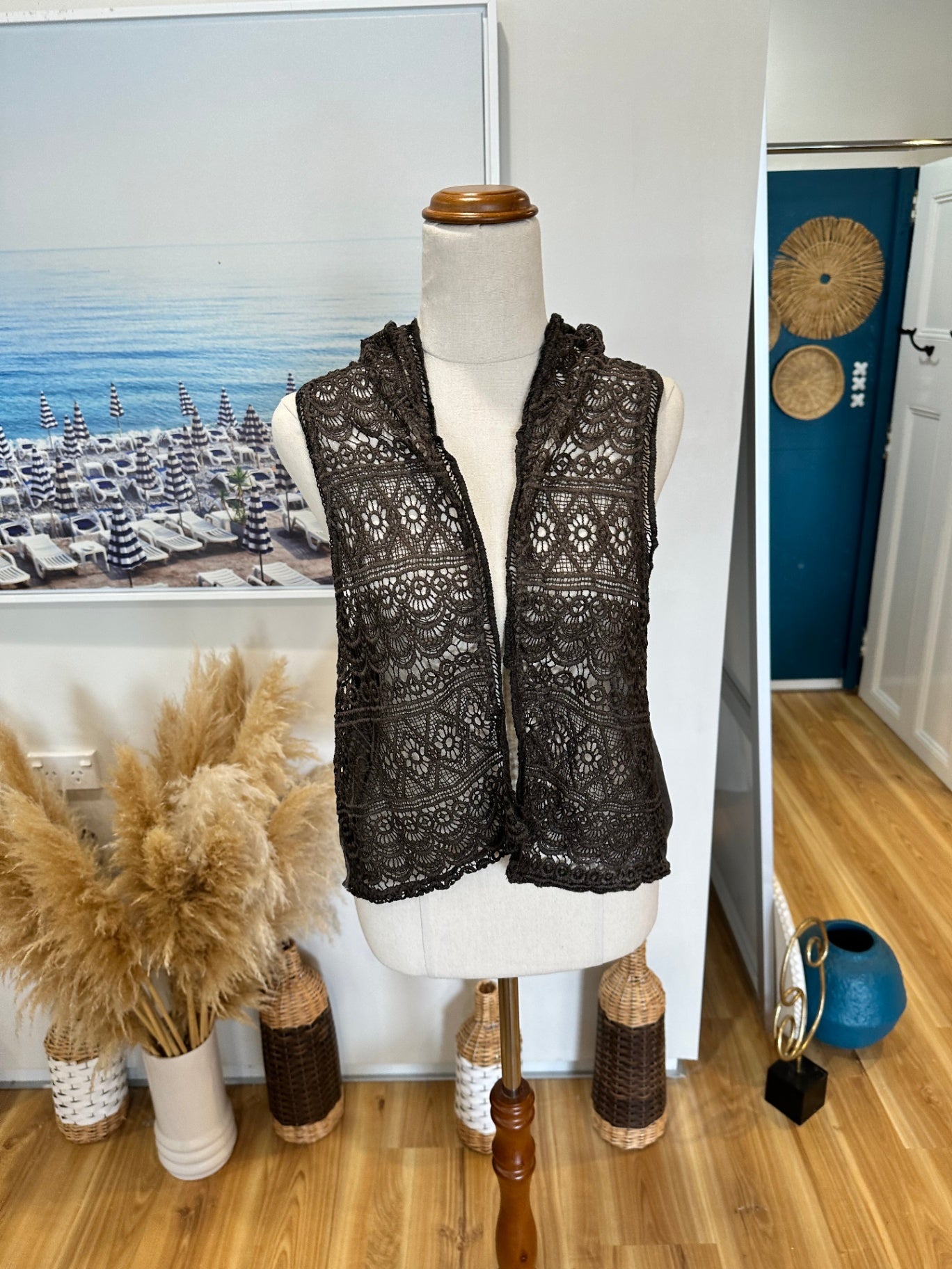 Grey Lace Hooded Vest - Size Small