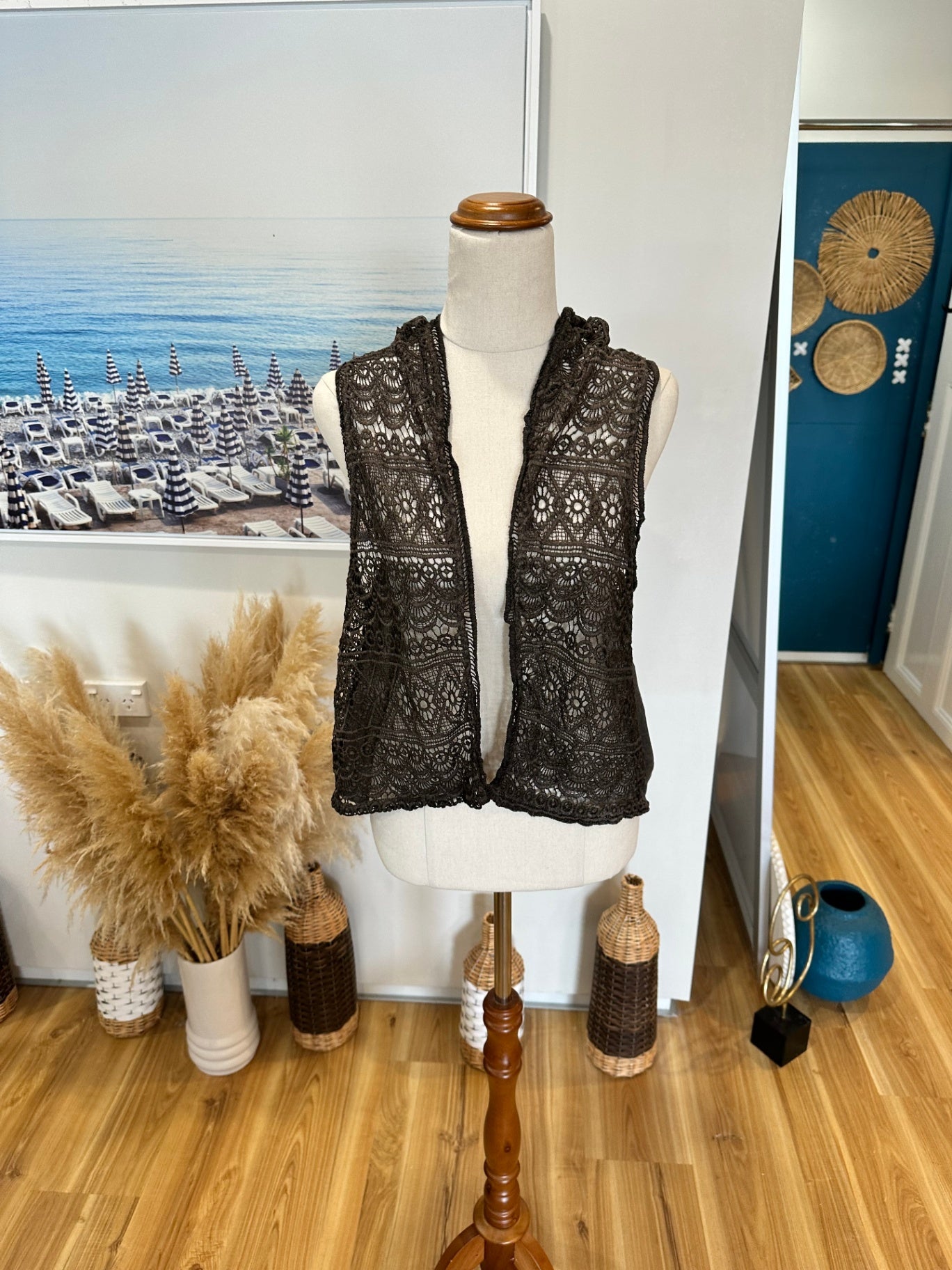 Grey Lace Hooded Vest - Size Small