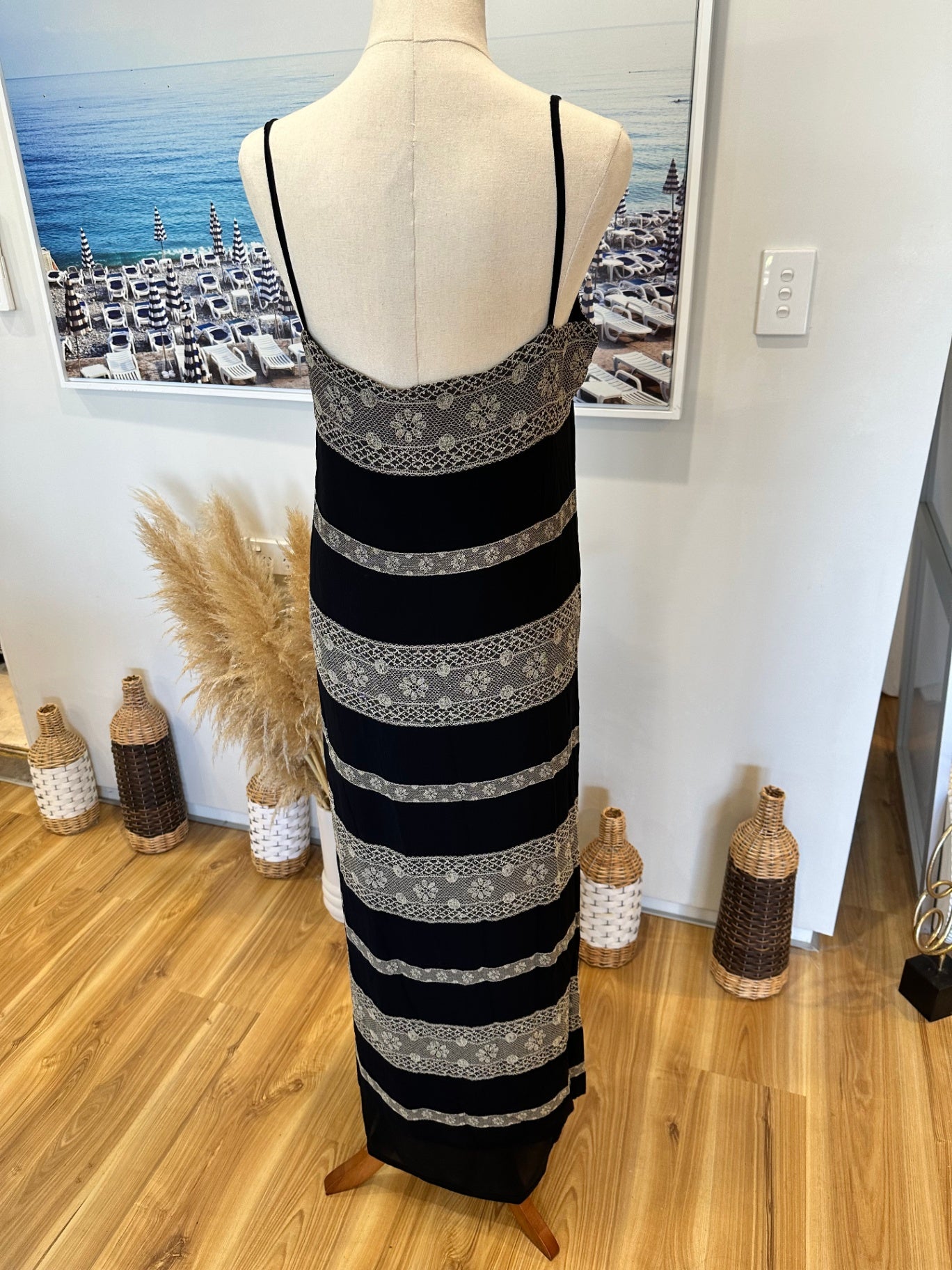 Ashley Fogel - Maxi Dress - Size 14 - Black and beige with floral lace accents