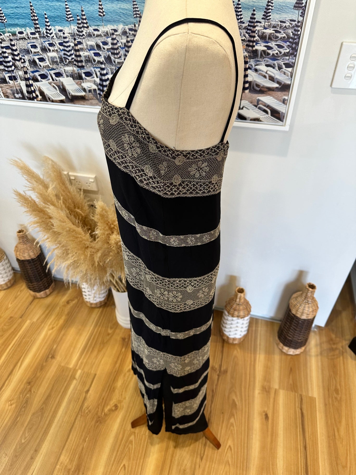 Ashley Fogel - Maxi Dress - Size 14 - Black and beige with floral lace accents