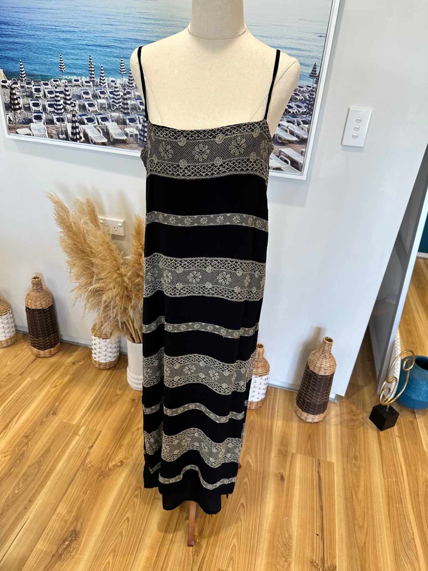 Ashley Fogel - Maxi Dress - Size 14 - Black and beige with floral lace accents