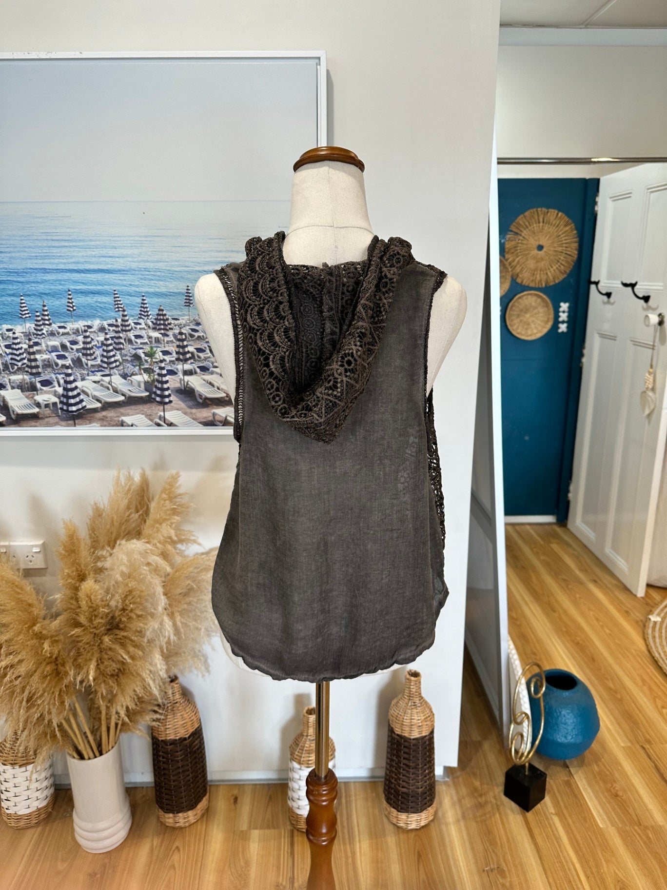 Grey Lace Hooded Vest - Size Small