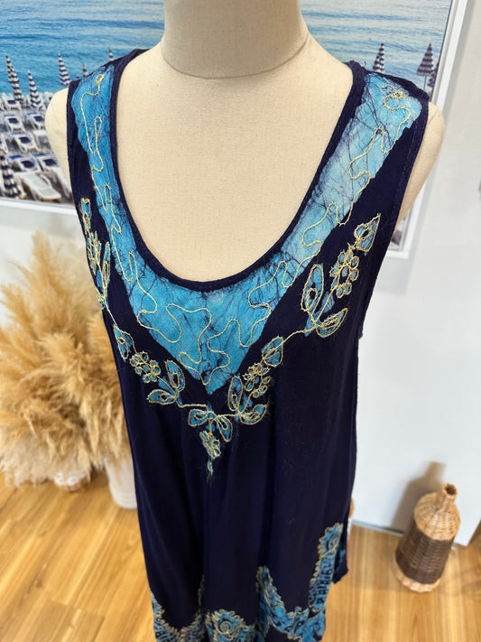 Singlet Dress - Navy blue w aqua + embroidery - Size Small