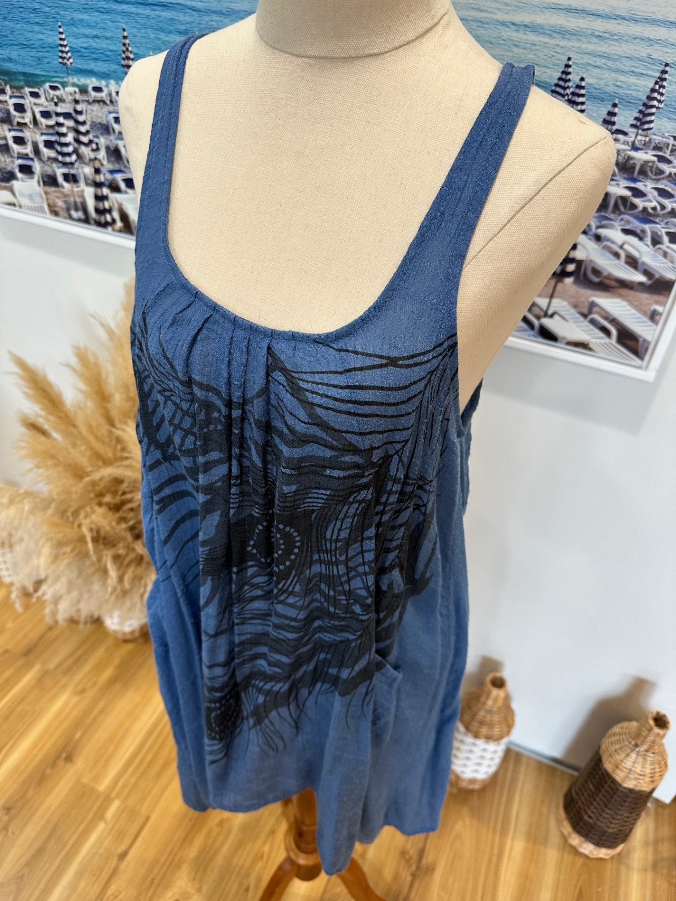 Singlet Dress - Size Small - Blue w Peacocks