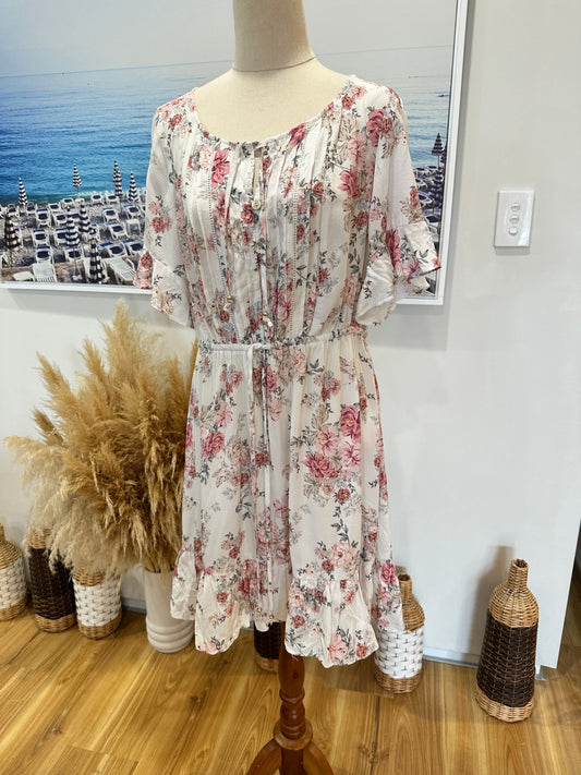 Just Jeans - Dress - Size 10 - Cream with pink and red floral patterns