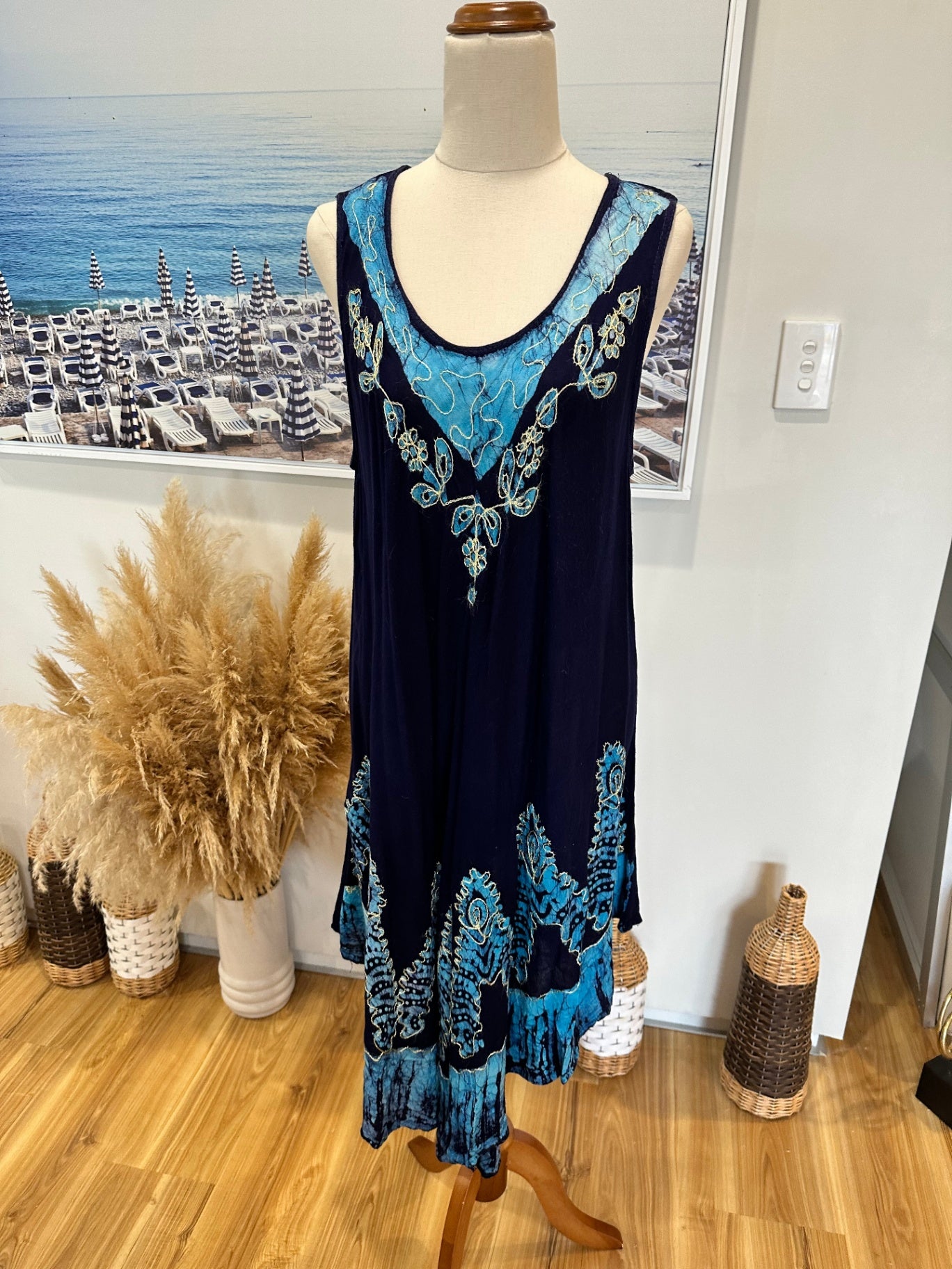 Singlet Dress - Navy blue w aqua + embroidery - Size Small