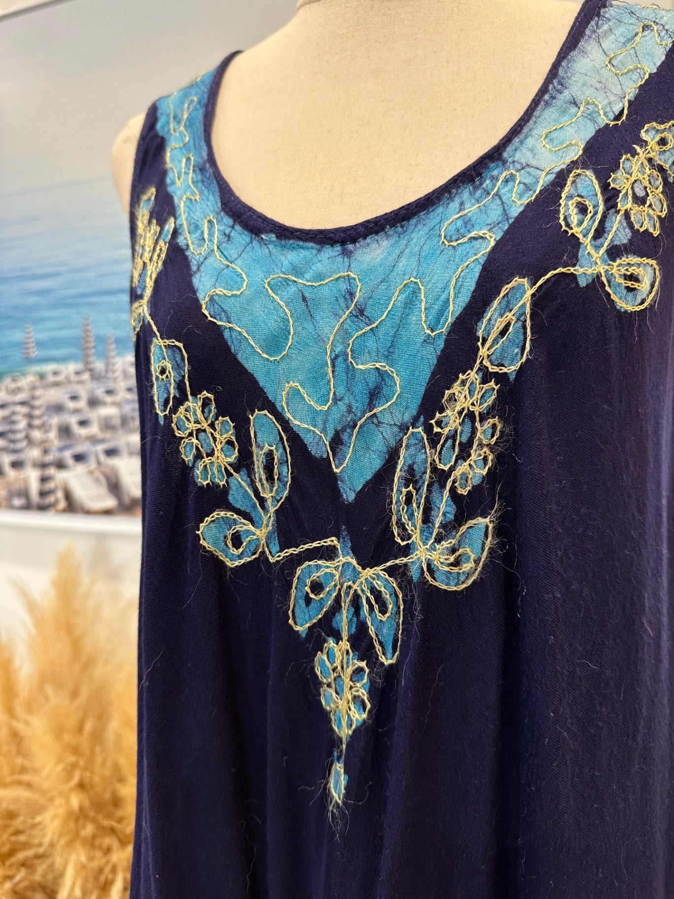 Singlet Dress - Navy blue w aqua + embroidery - Size Small