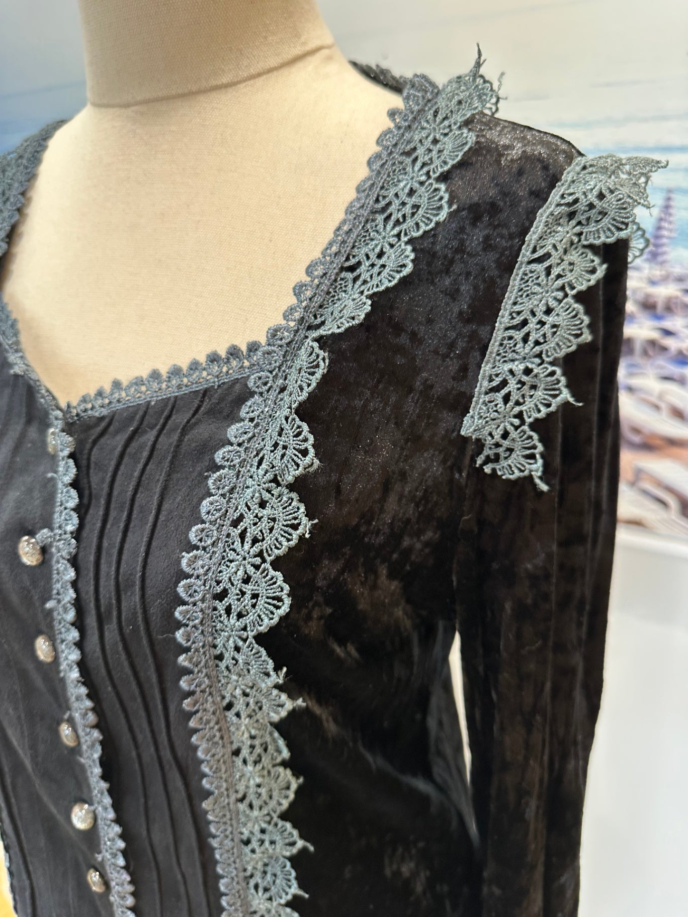 Merric - Velvet Blouse - Size 12 - Black with grey lace accents