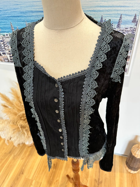 Merric - Velvet Blouse - Size 12 - Black with grey lace accents
