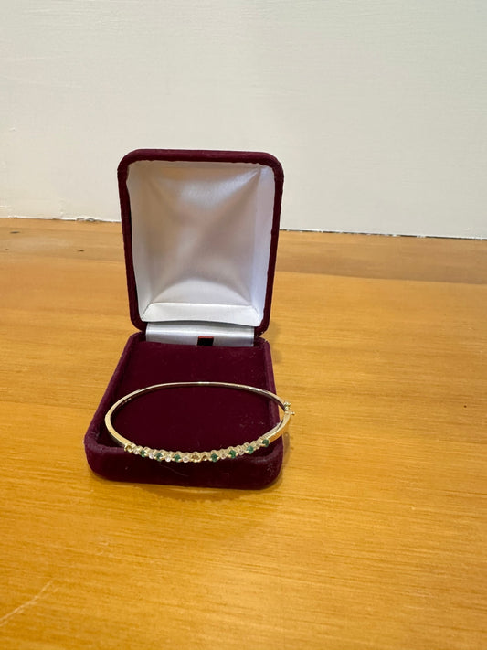 Vintage Gold Bangle with White + Green Gemstones [Note a couple of missing stones]