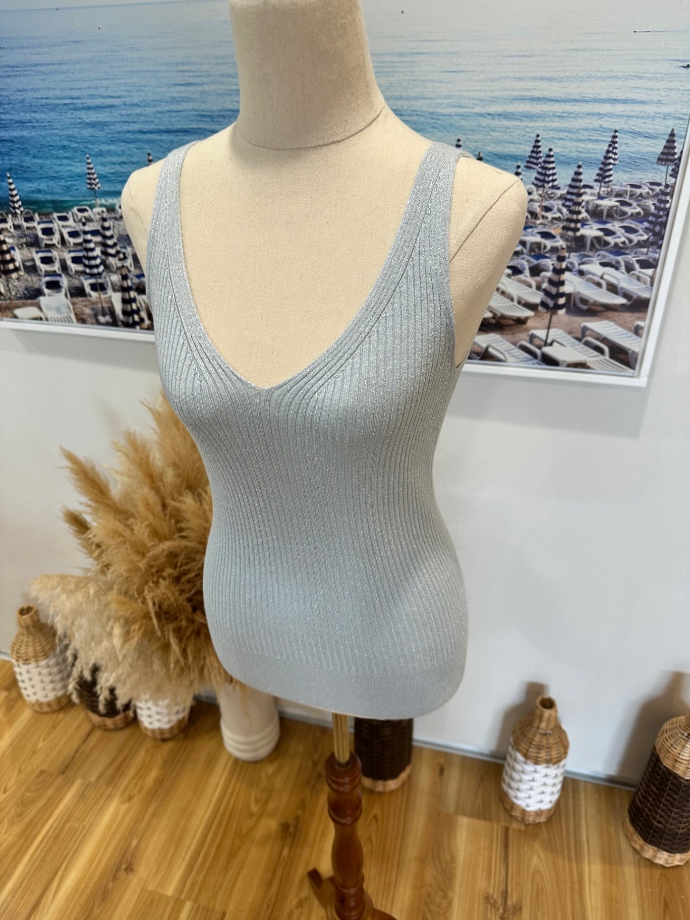 Bohemian Knit Singlet Top - Size Small - Pale Blue