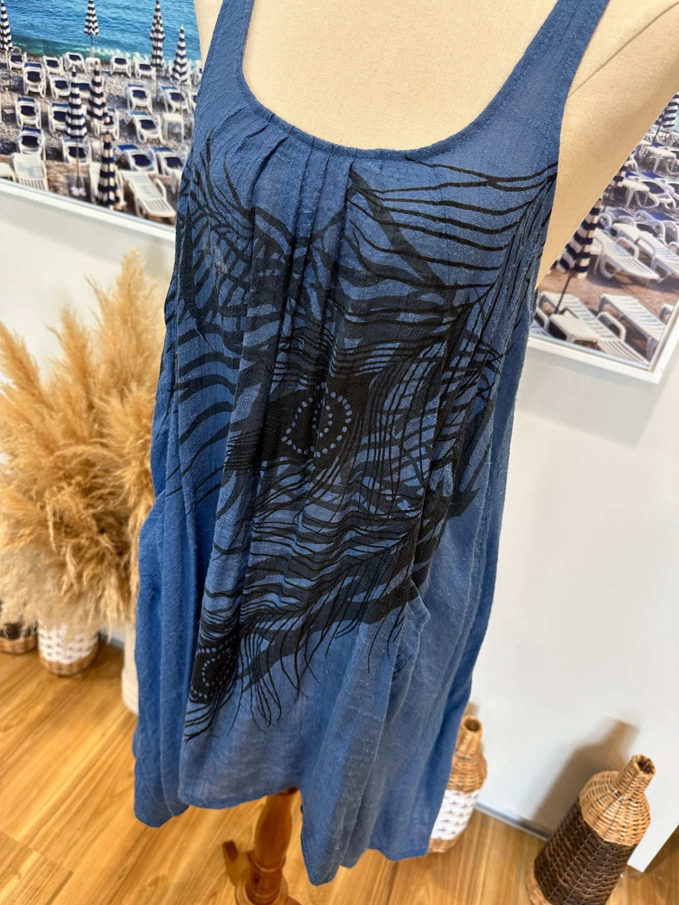 Singlet Dress - Size Small - Blue w Peacocks