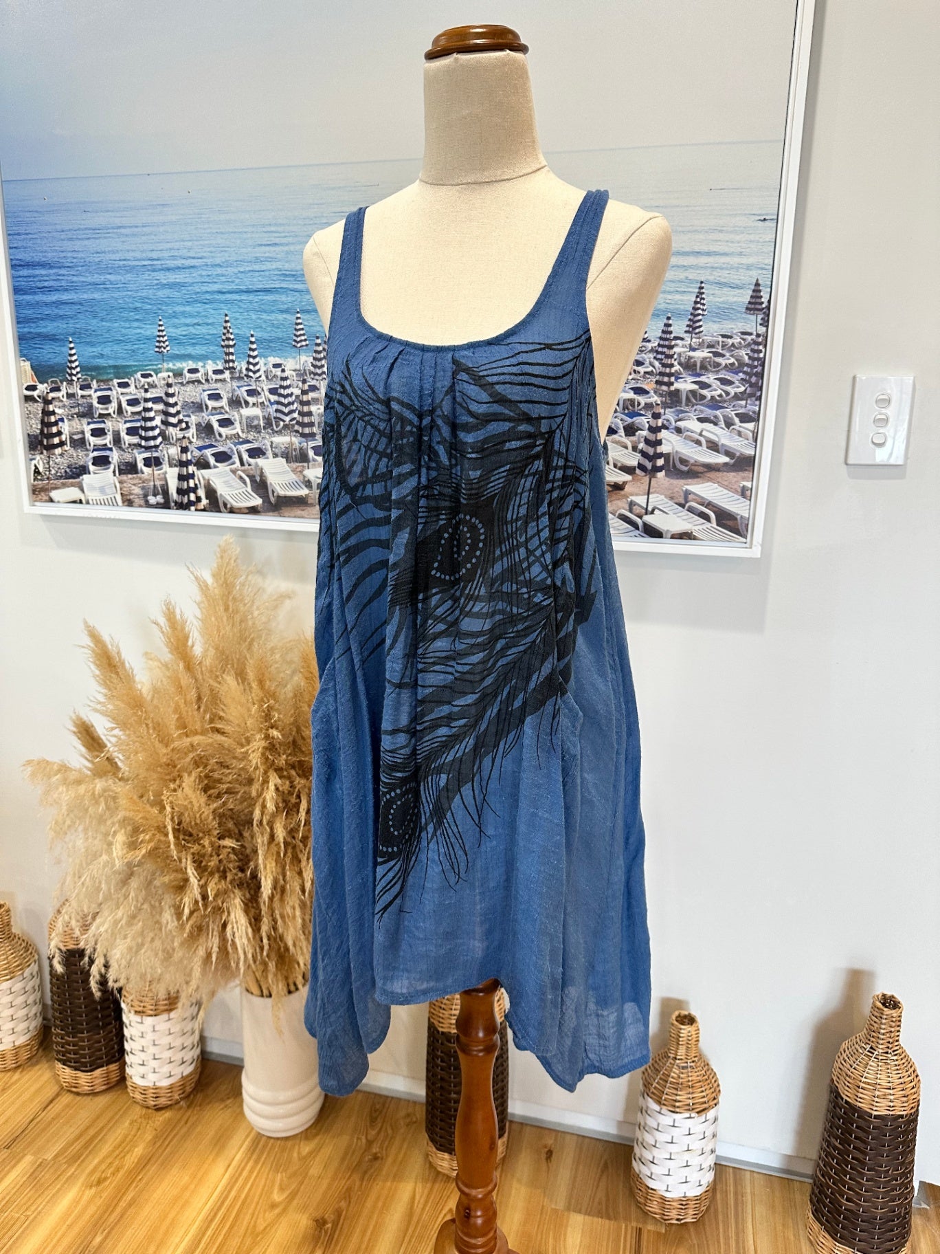 Singlet Dress - Size Small - Blue w Peacocks