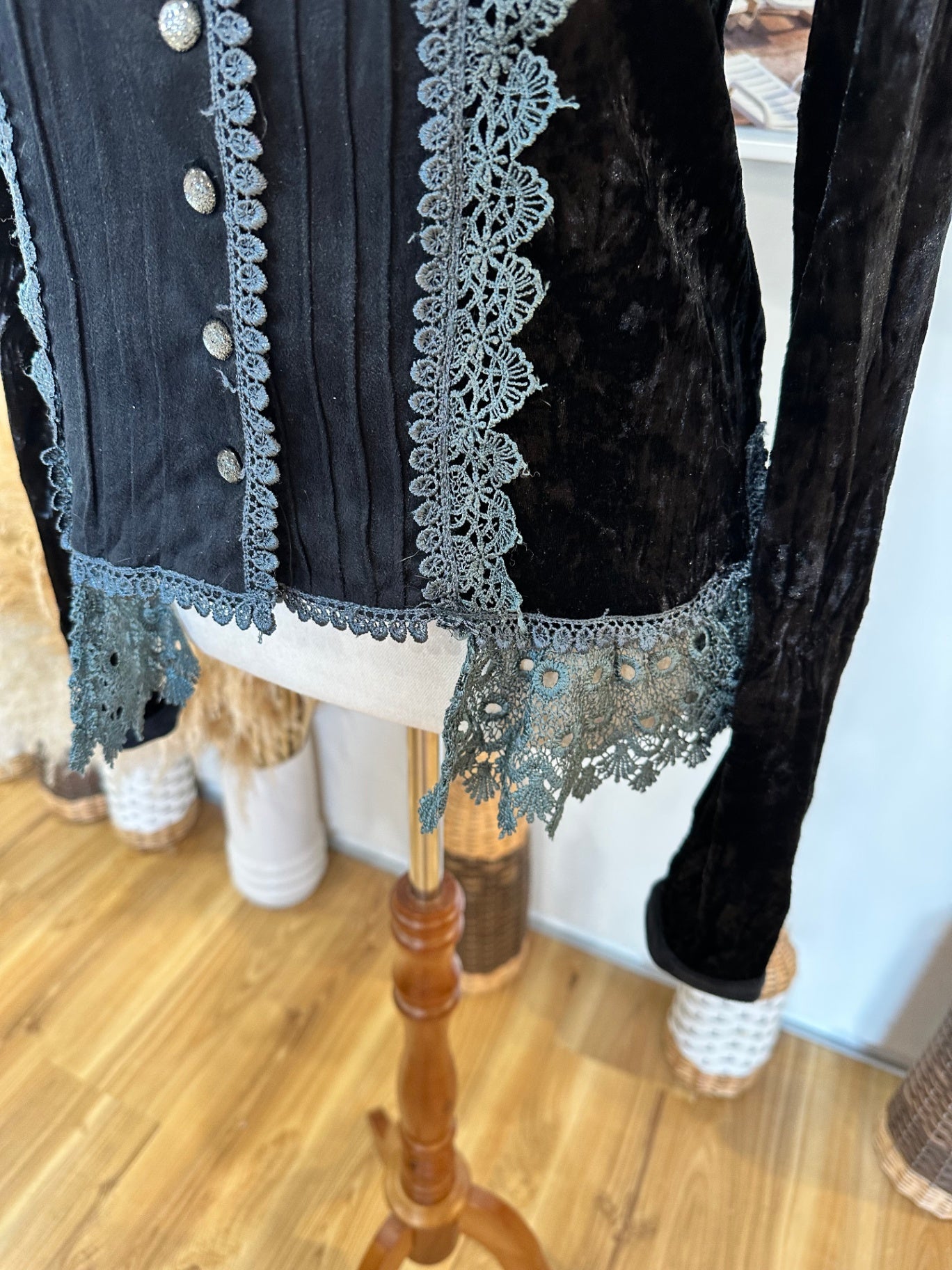 Merric - Velvet Blouse - Size 12 - Black with grey lace accents