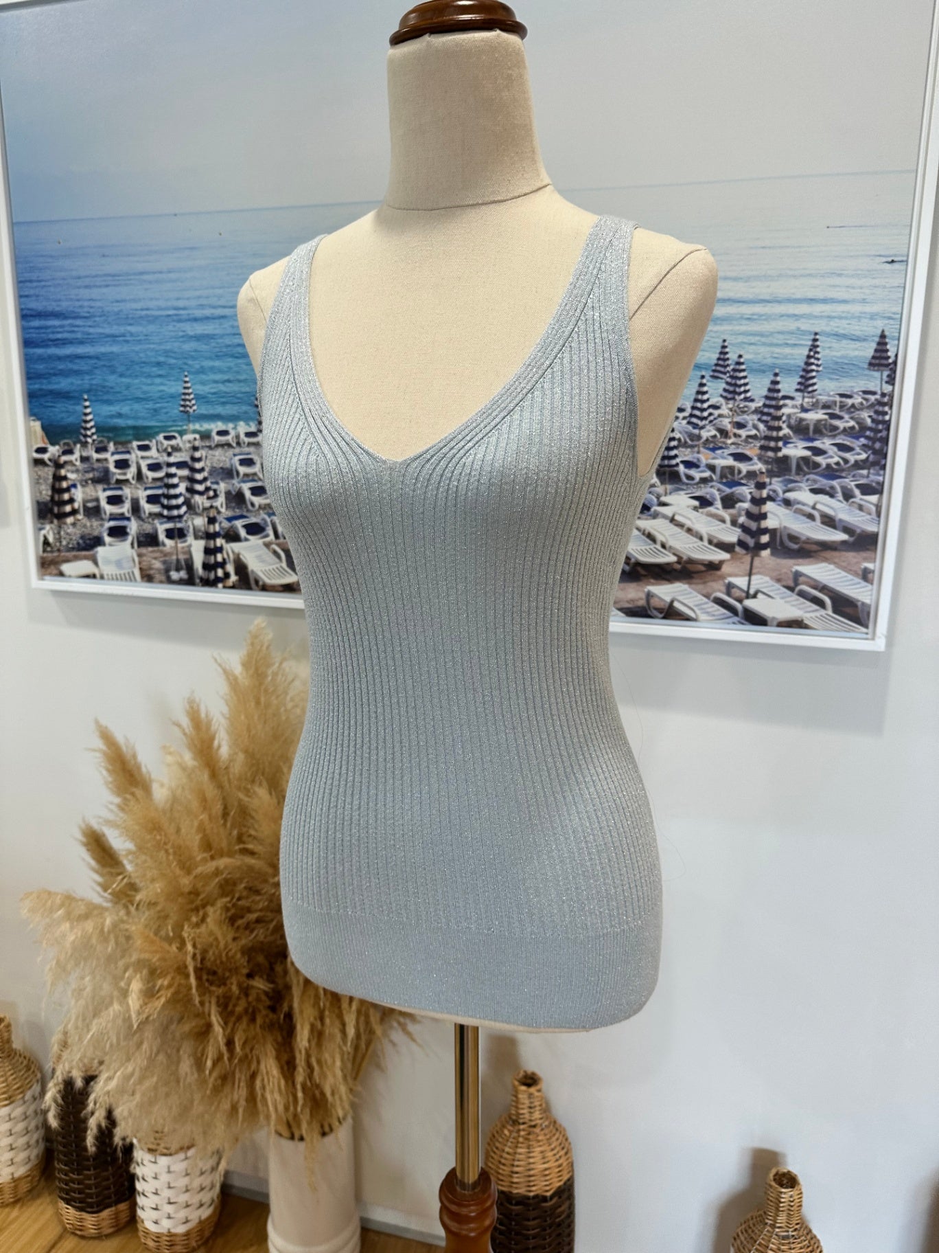 Bohemian Knit Singlet Top - Size Small - Pale Blue