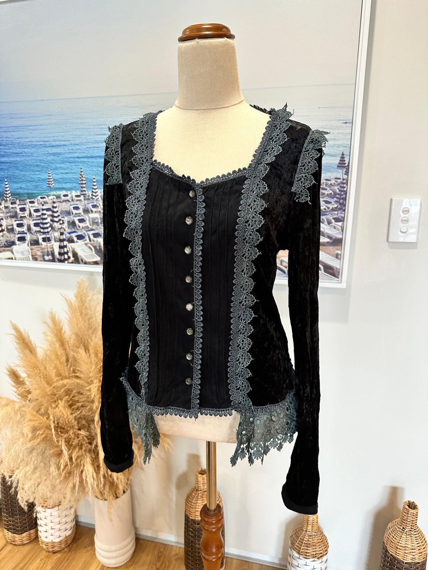 Merric - Velvet Blouse - Size 12 - Black with grey lace accents