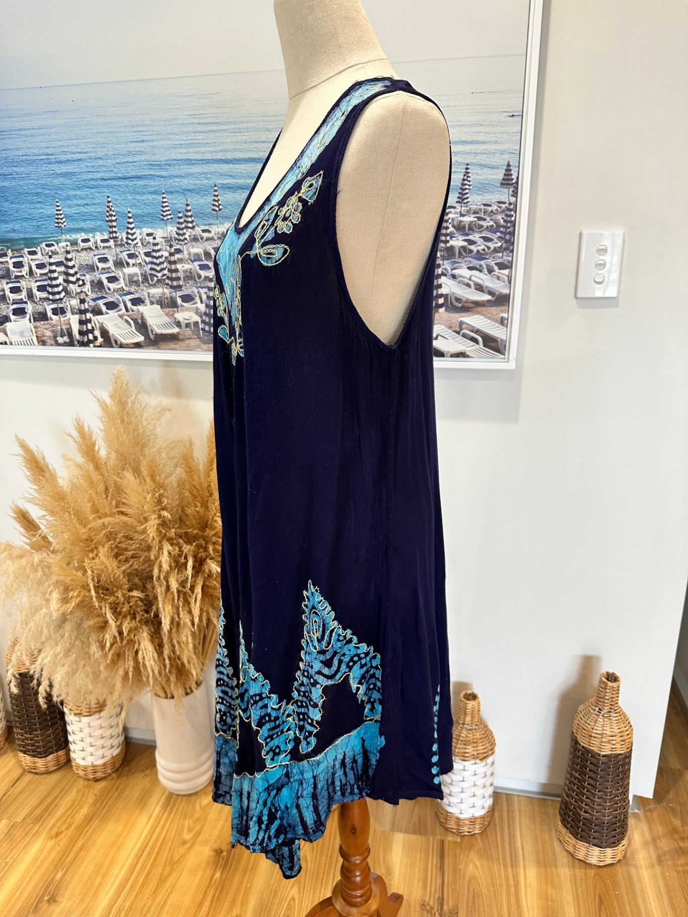 Singlet Dress - Navy blue w aqua + embroidery - Size Small