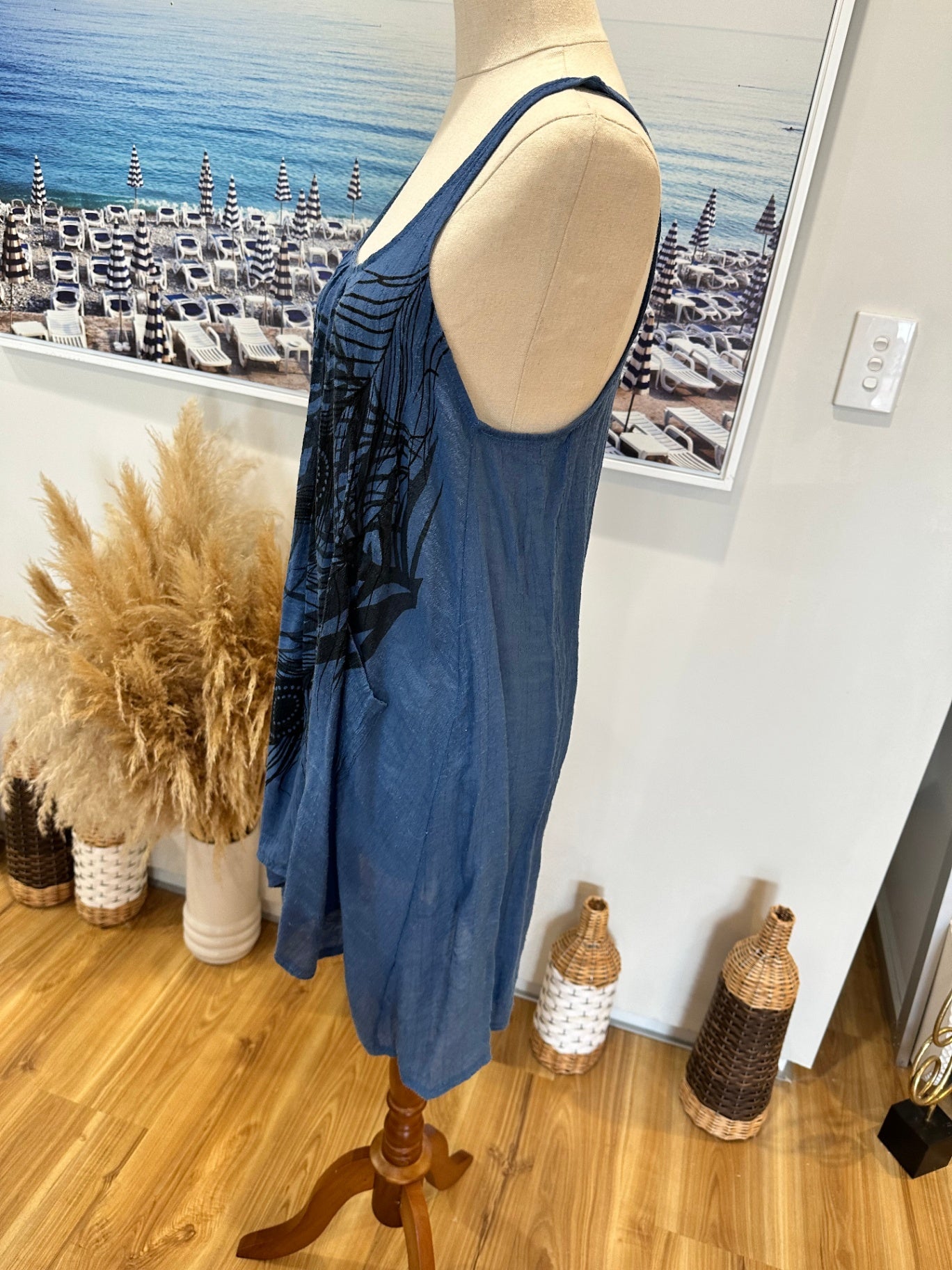 Singlet Dress - Size Small - Blue w Peacocks
