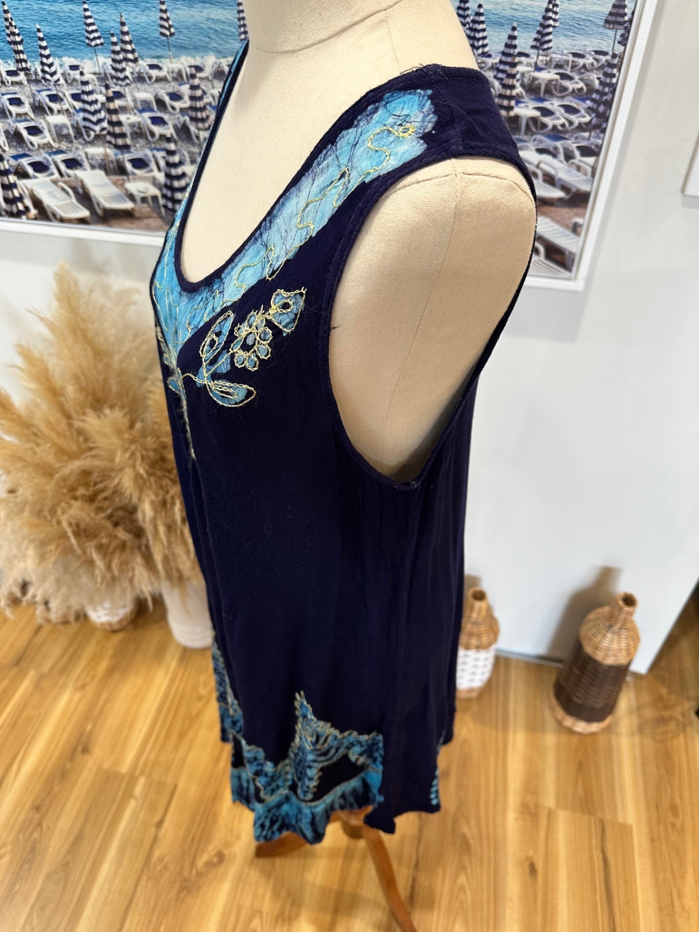 Singlet Dress - Navy blue w aqua + embroidery - Size Small