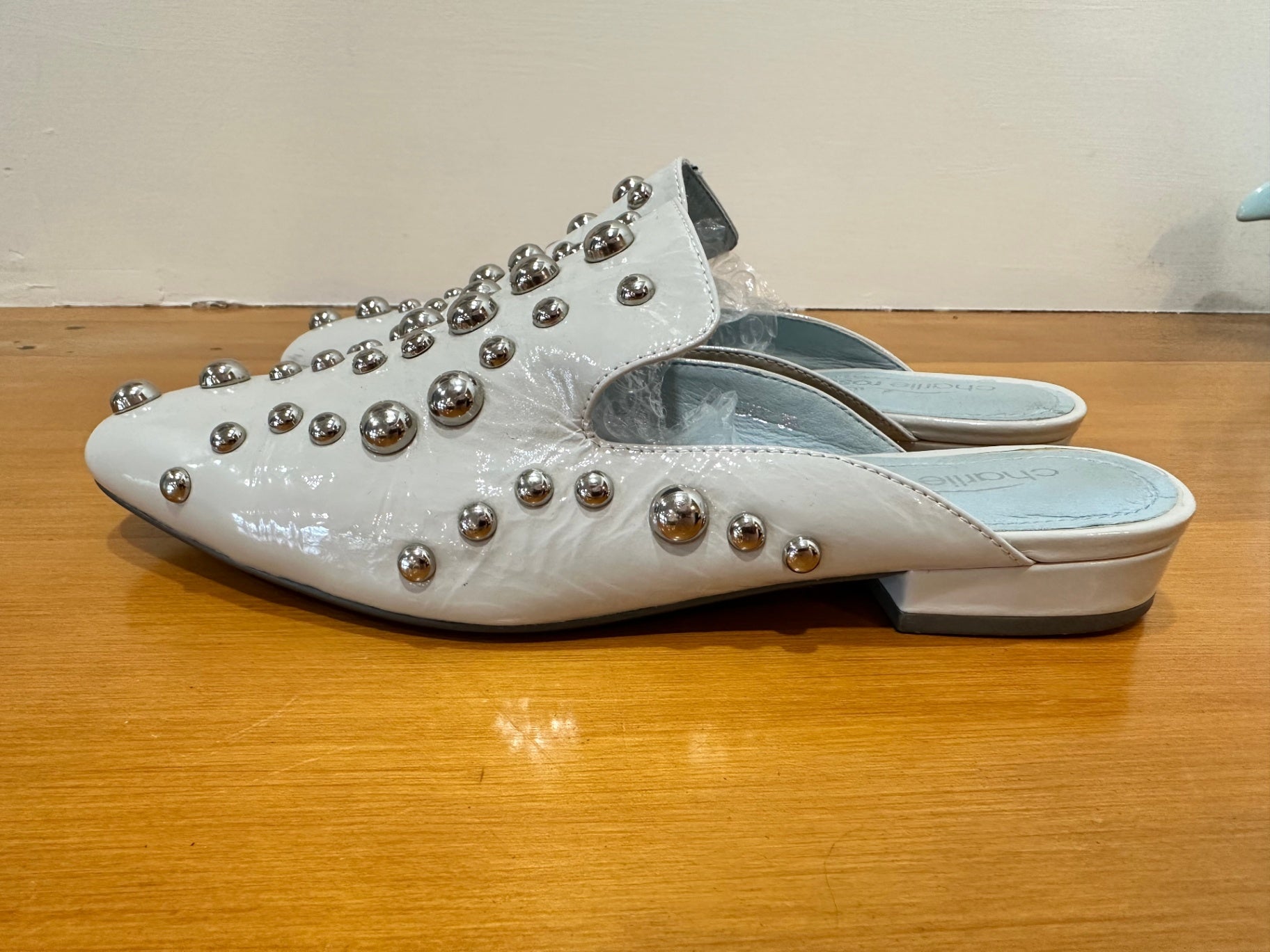 Charlie Rose - Grey Patent Leather Slides with Stud Feature - Size EU 39 - RRP $200