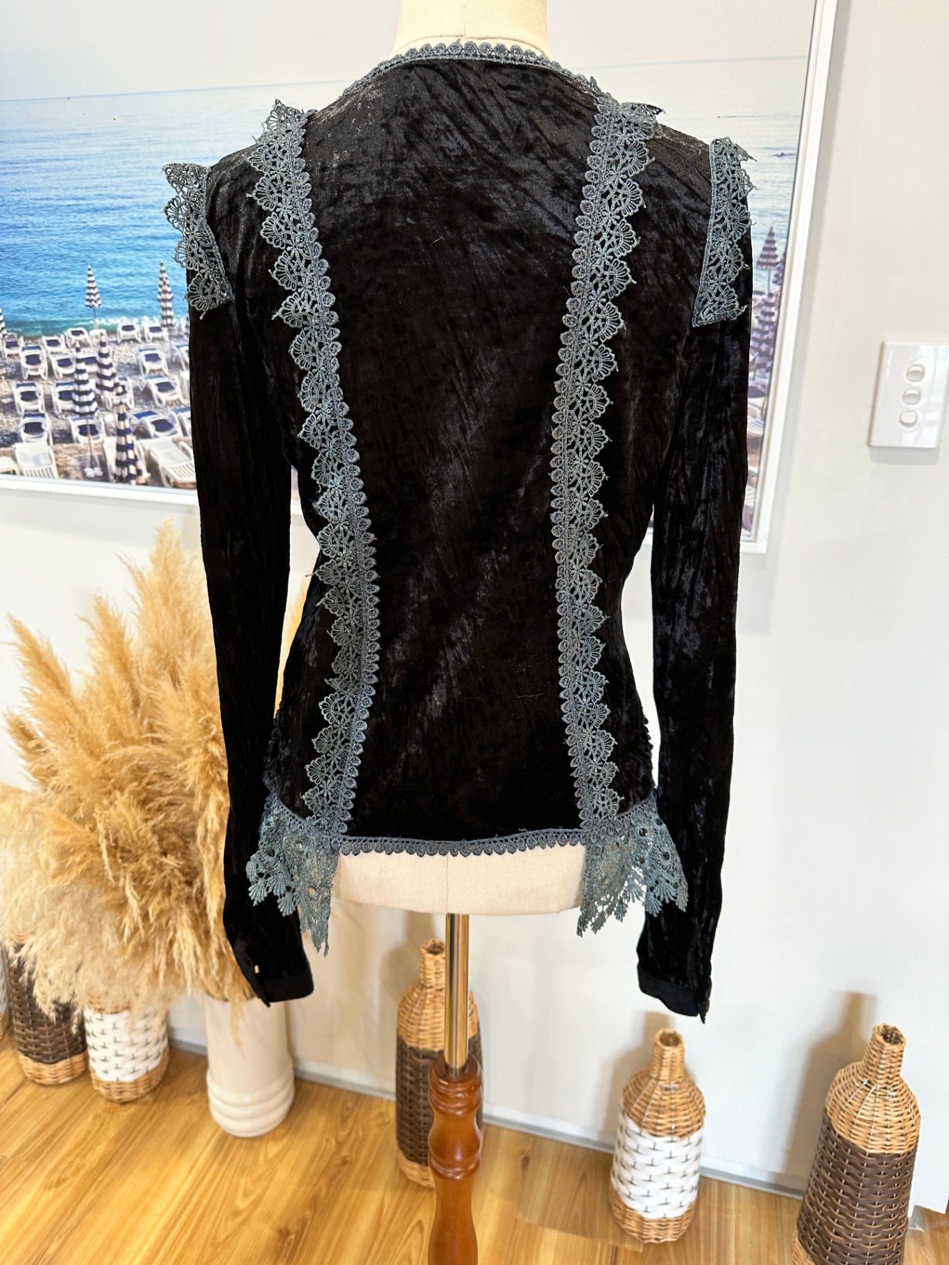 Merric - Velvet Blouse - Size 12 - Black with grey lace accents