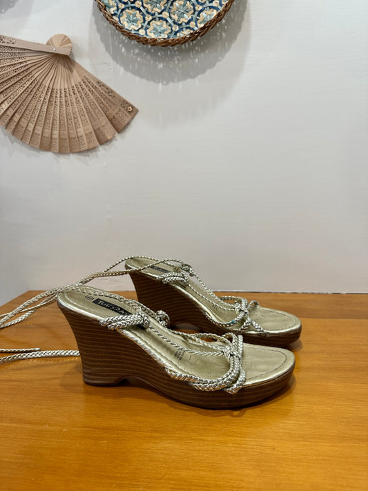 Tuesday - Strappy Gold Wedges - Size 8
