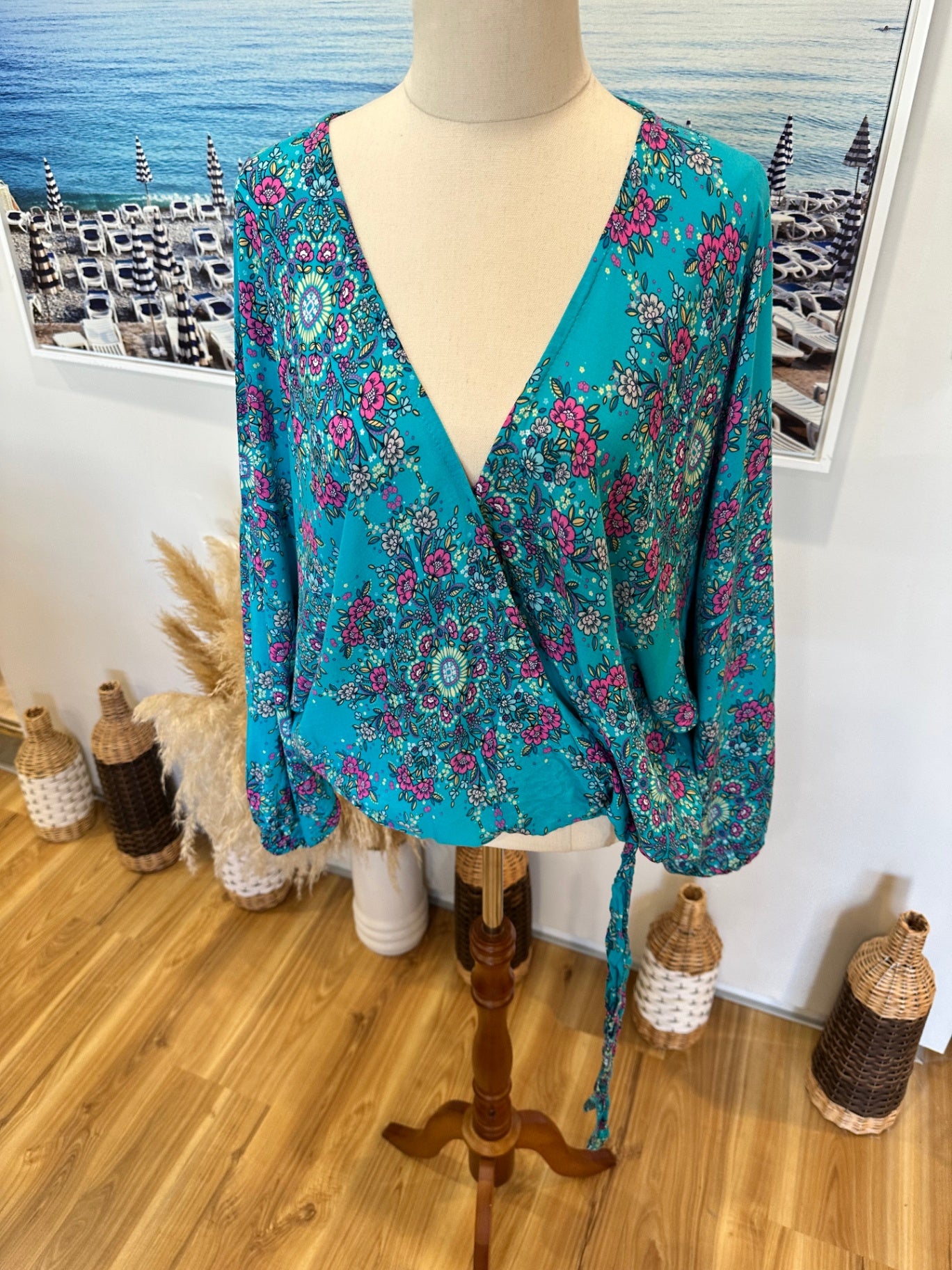 Bohemian Batwing Blouse - Large - Turquoise w Pink Florals