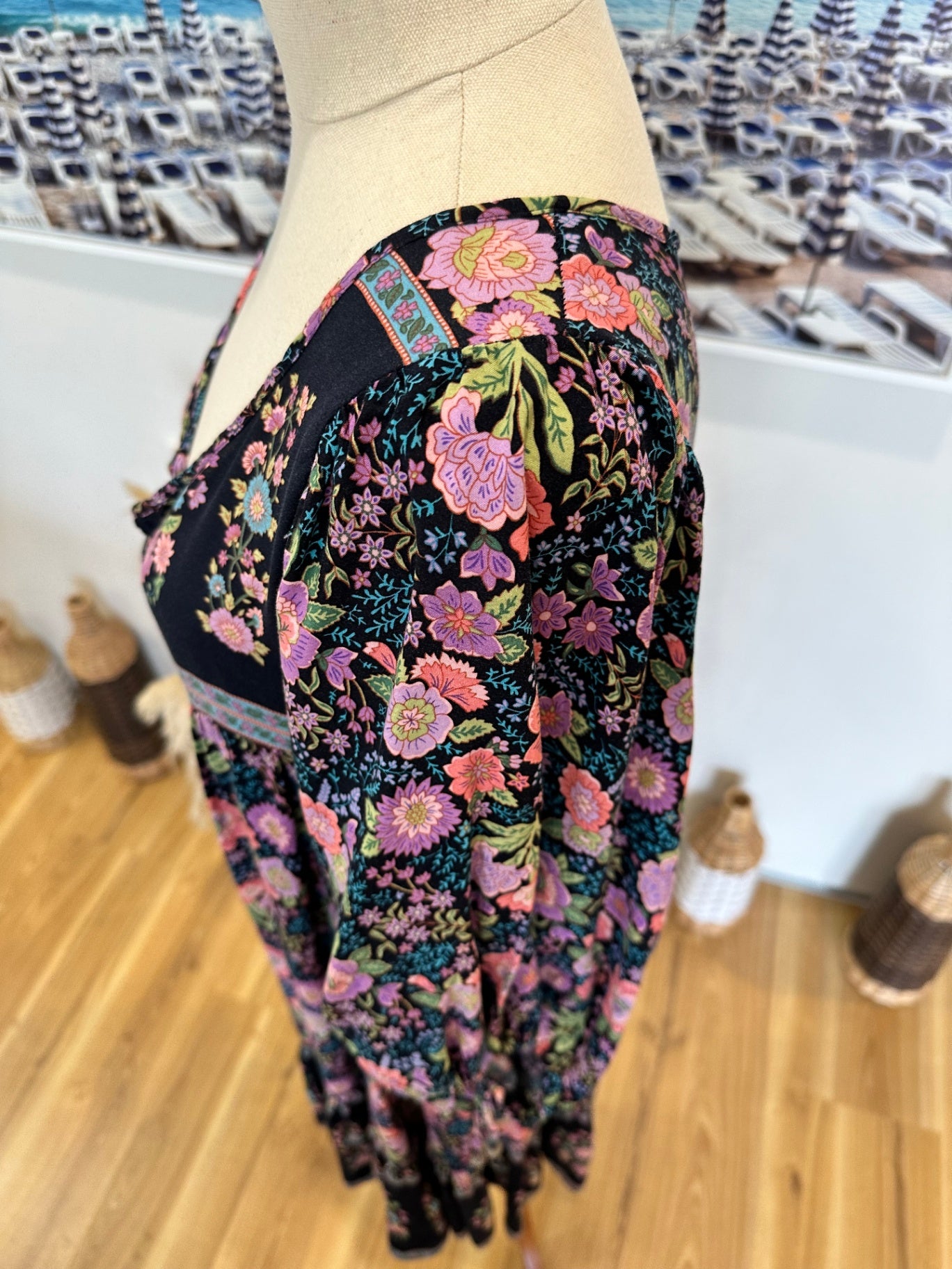 Zen Garden - Bohemian Dress - Medium - Navy w Purple / Pink Florals