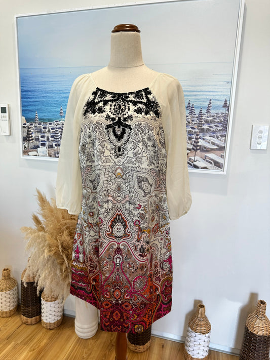 Monsoon Dress - Size 12 - Cream w Black / Jewelled Paisley Print