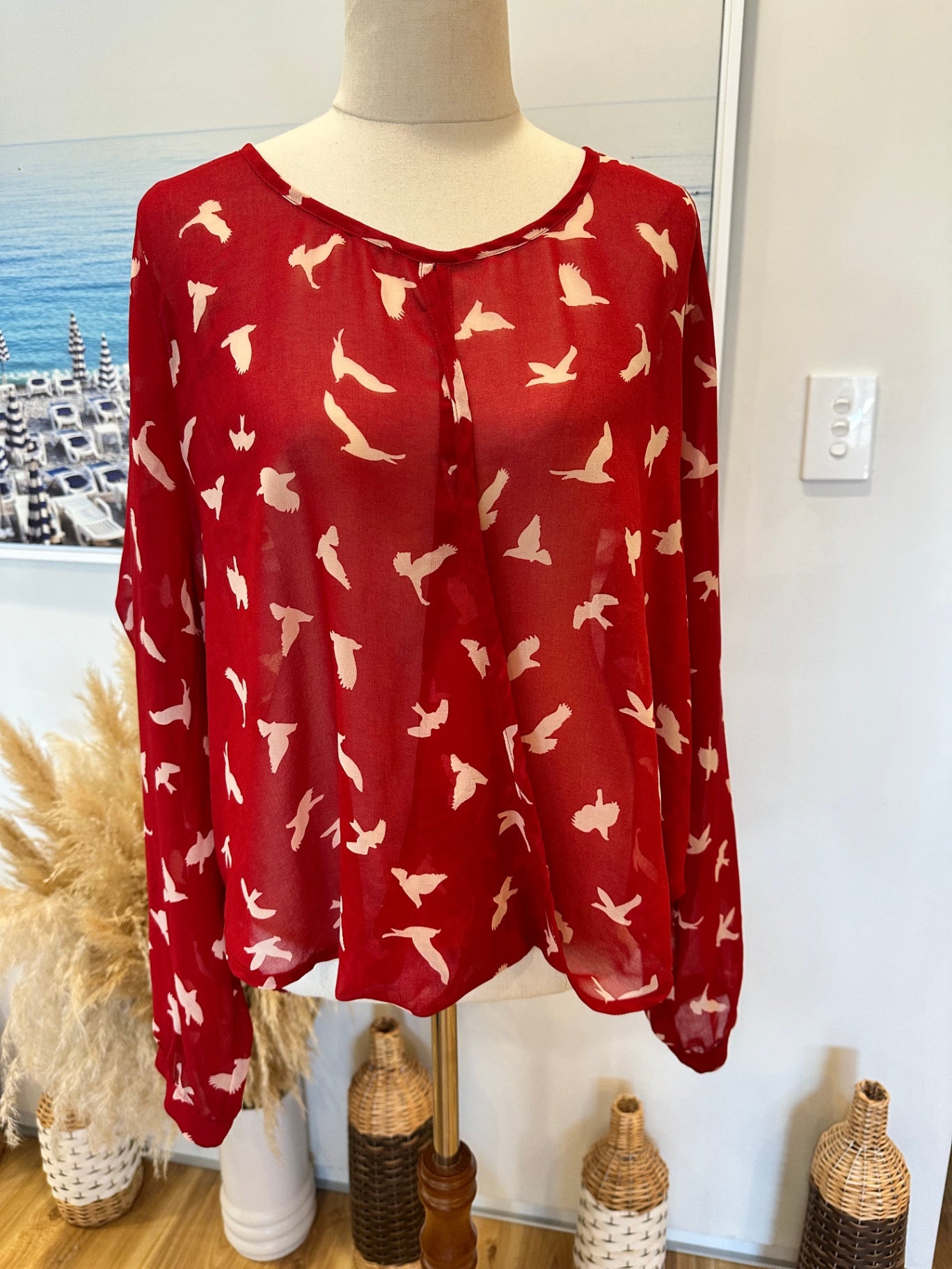 Decjuba Blouse - Size 12 - Red w Seagulls / Birds