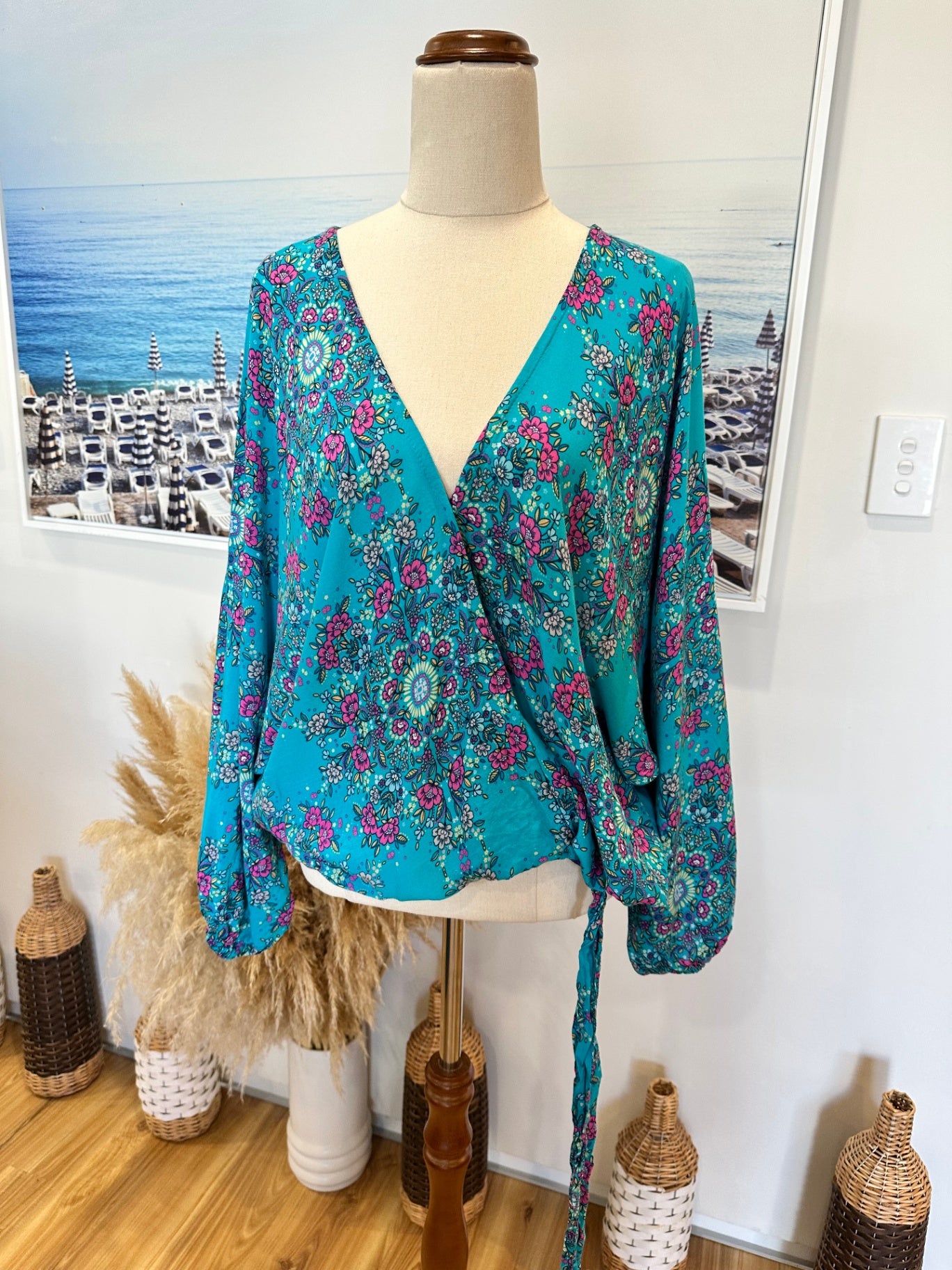 Bohemian Batwing Blouse - Large - Turquoise w Pink Florals