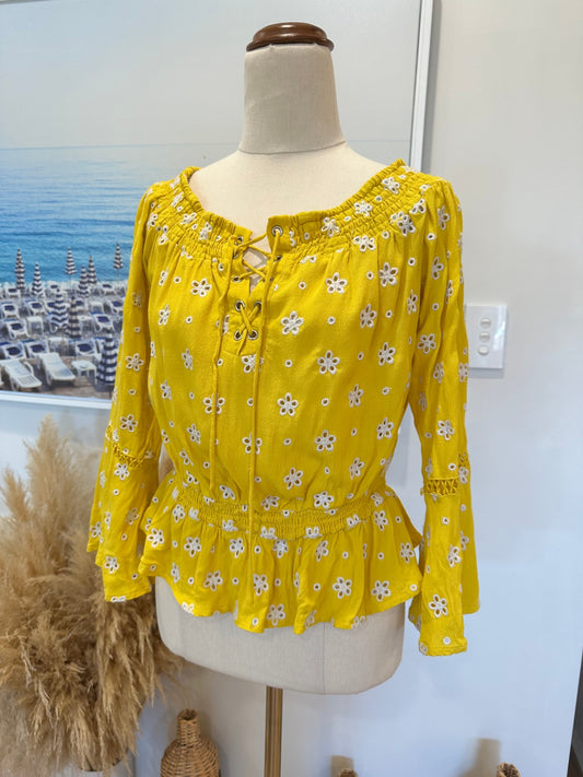 Seed - Off-shoulder Top - Small - Yellow w Broderie