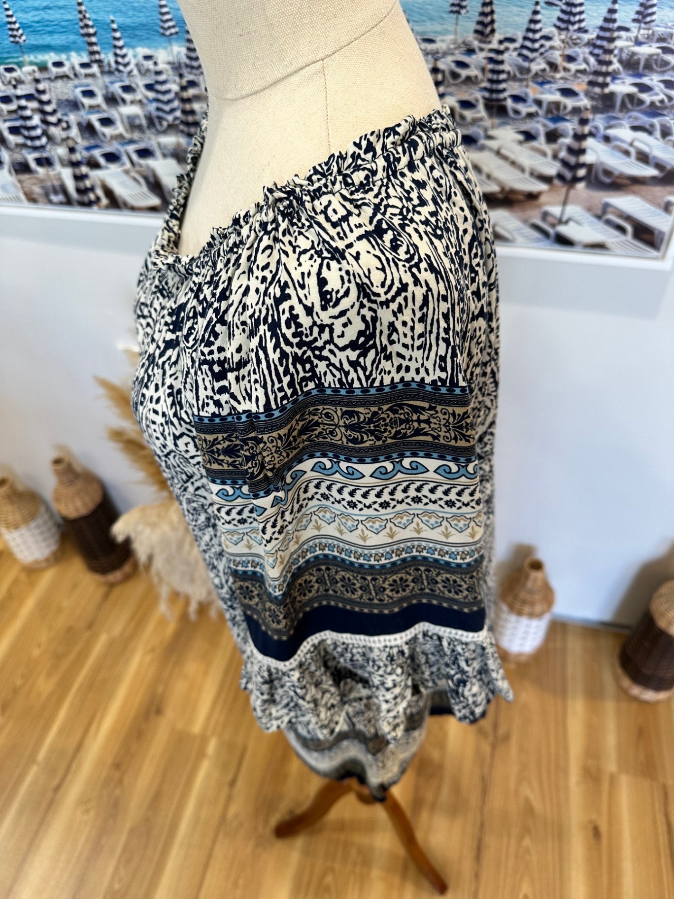 Bohemian Off-Shoulder Dress - Medium - Navy w Blue & Creams