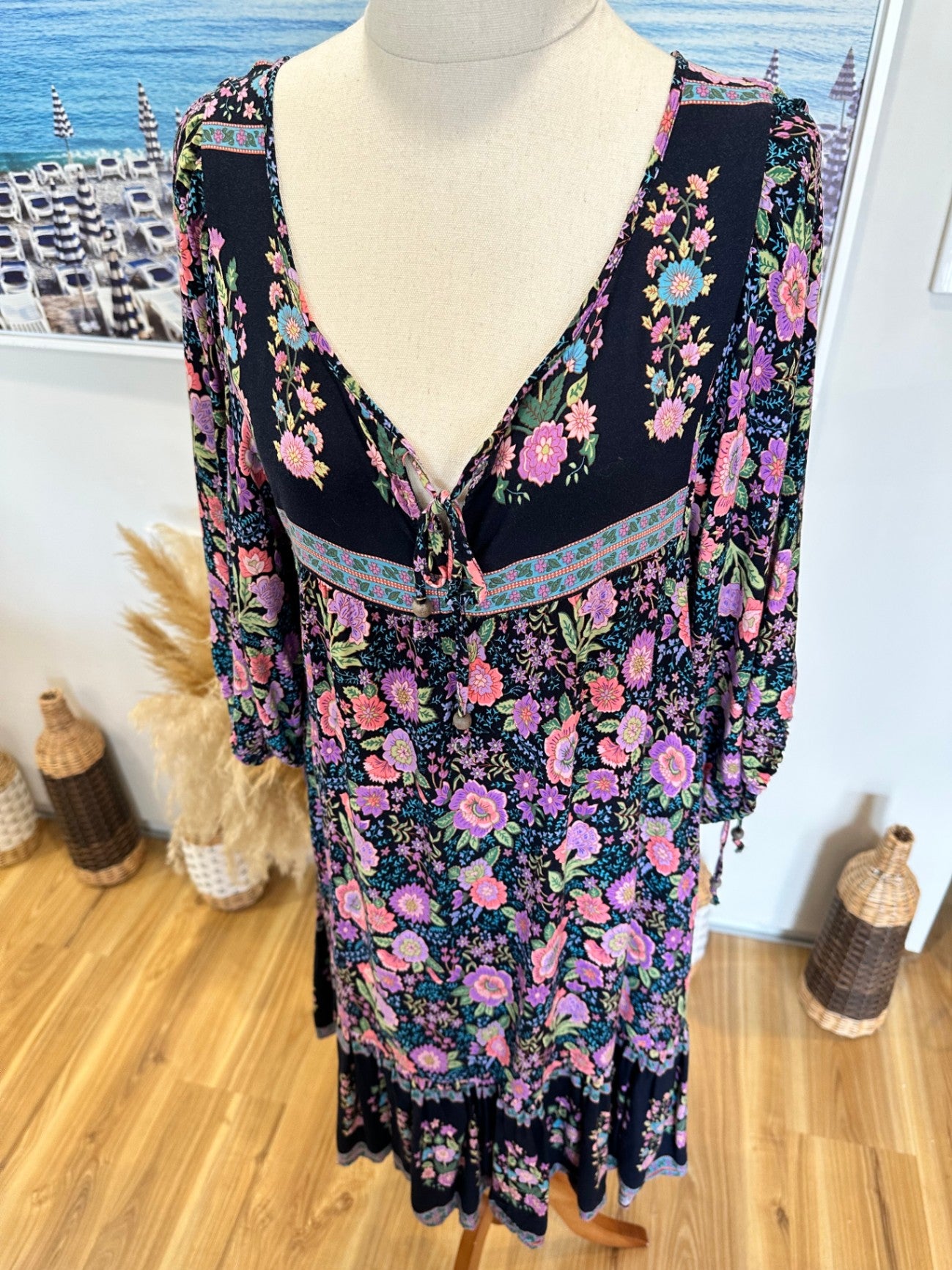 Zen Garden - Bohemian Dress - Medium - Navy w Purple / Pink Florals