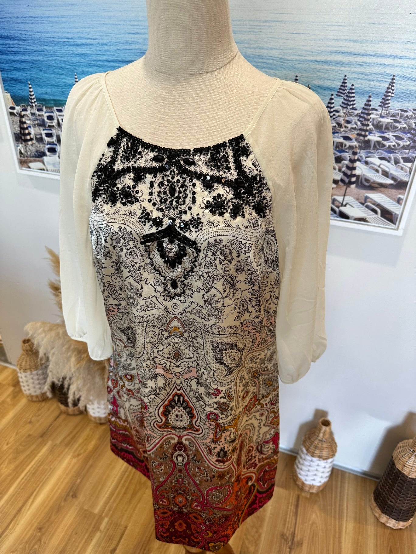 Monsoon Dress - Size 12 - Cream w Black / Jewelled Paisley Print