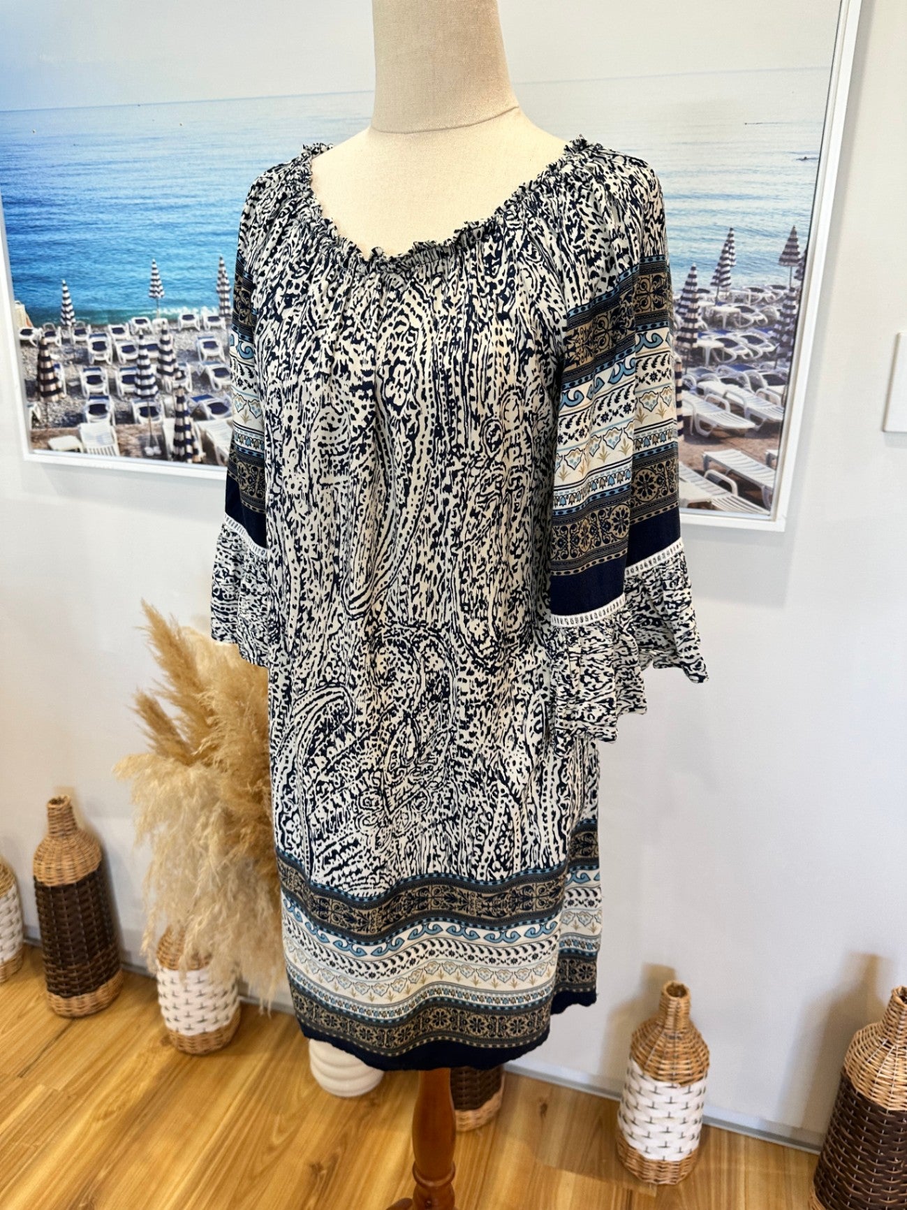 Bohemian Off-Shoulder Dress - Medium - Navy w Blue & Creams