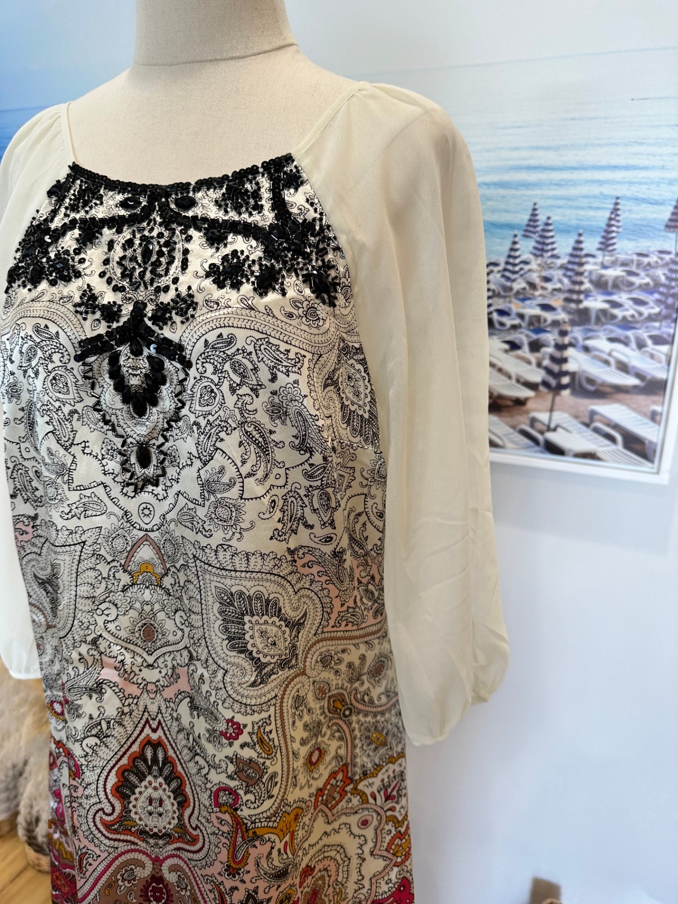 Monsoon Dress - Size 12 - Cream w Black / Jewelled Paisley Print